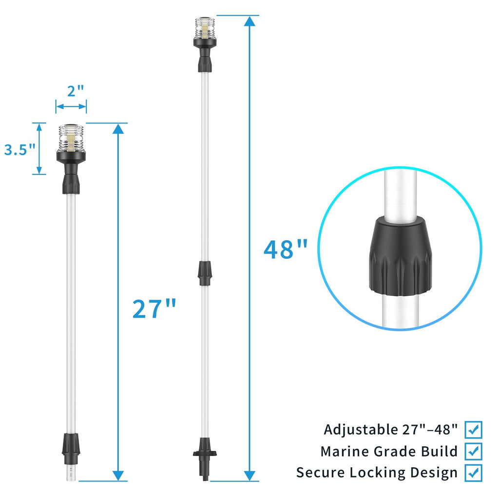Obcursco Boat Stern Lights, Telescoping Pole 27"-48" LED Anchor Light with Base, 12V Adjustable 3NM 360° Navigation Lighting for Pontoon, Yacht, Bass, and Fishing Boats (27"-48", Black)