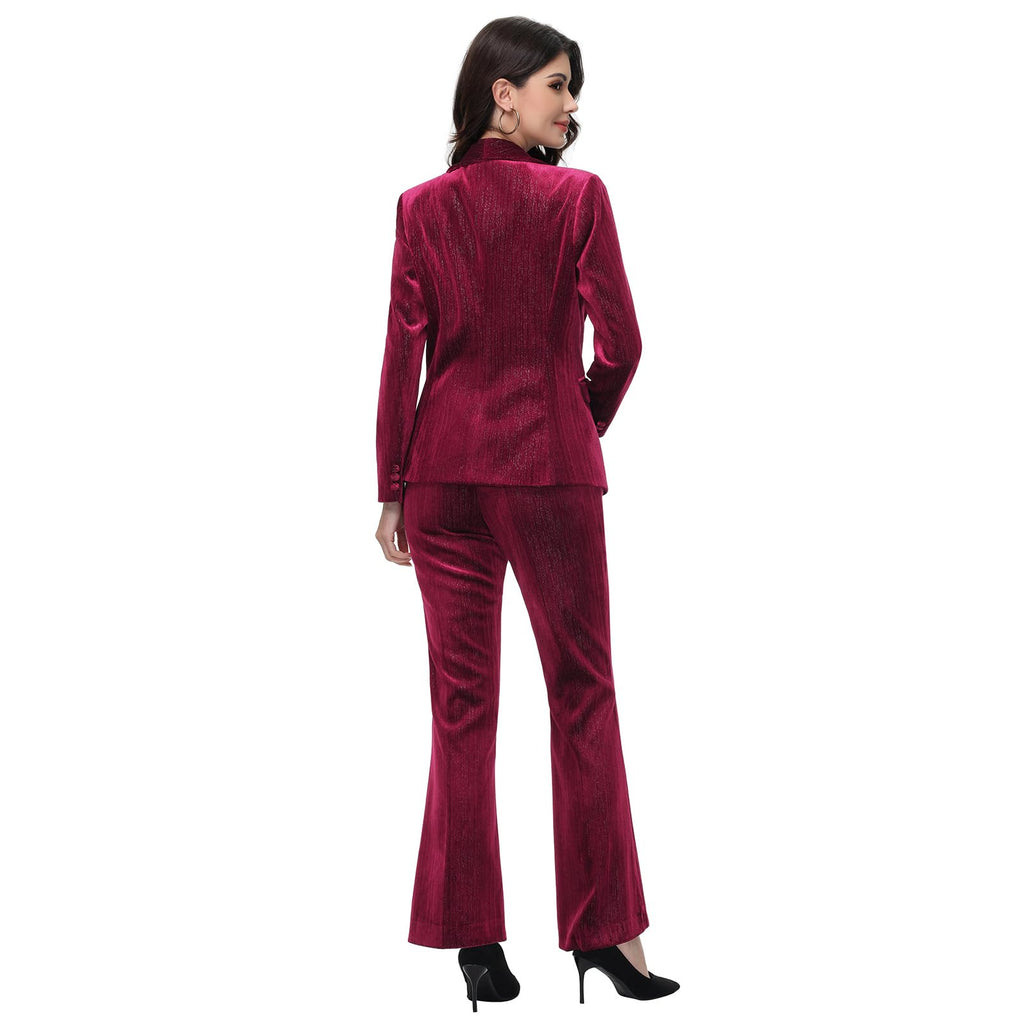 Lamgool Women Pantsuit Dressy Silver Thread Velvet 2 Piece Suit Set Blazer and Flared Pants