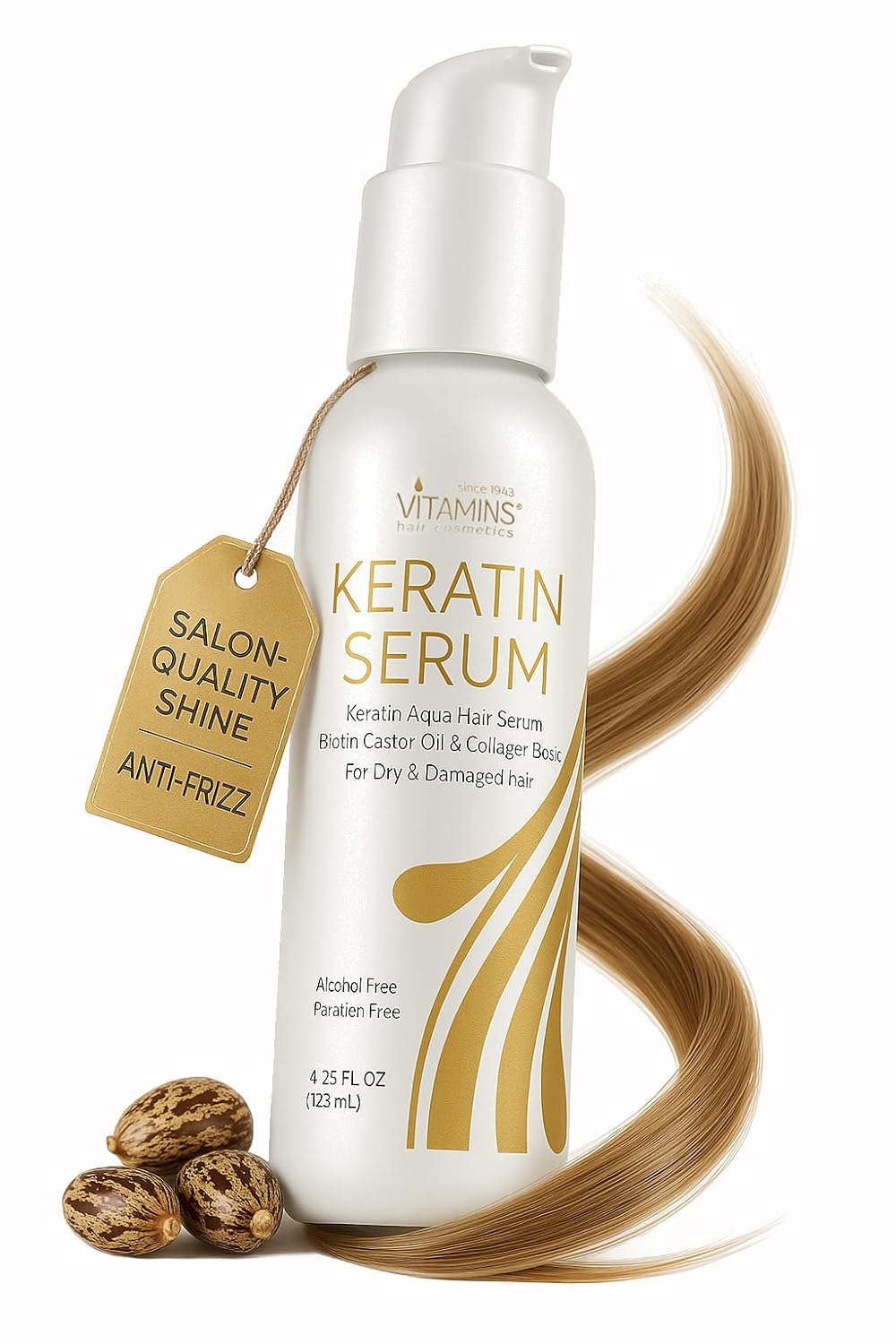 VITAMINS hair cosmetics Keratin Hair Serum with Biotin, Castor Oil & Collagen - Anti-Frizz Heat Protectant & Leave-In Shine Treatment for Dry, Damaged, Color-Treated Hair - 4.25 fl oz (125mL)