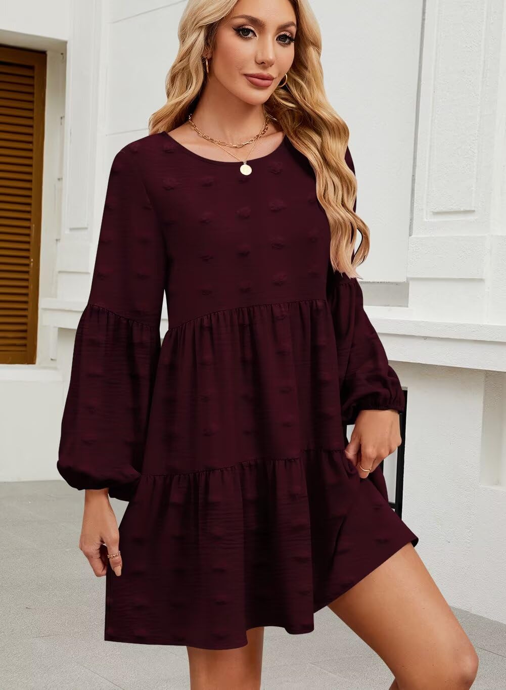 QACOHU Falll Dresses for Women 2026 Crew Neck Long Lantern Sleeve Casual Loose Flowy Swing Shift Dress