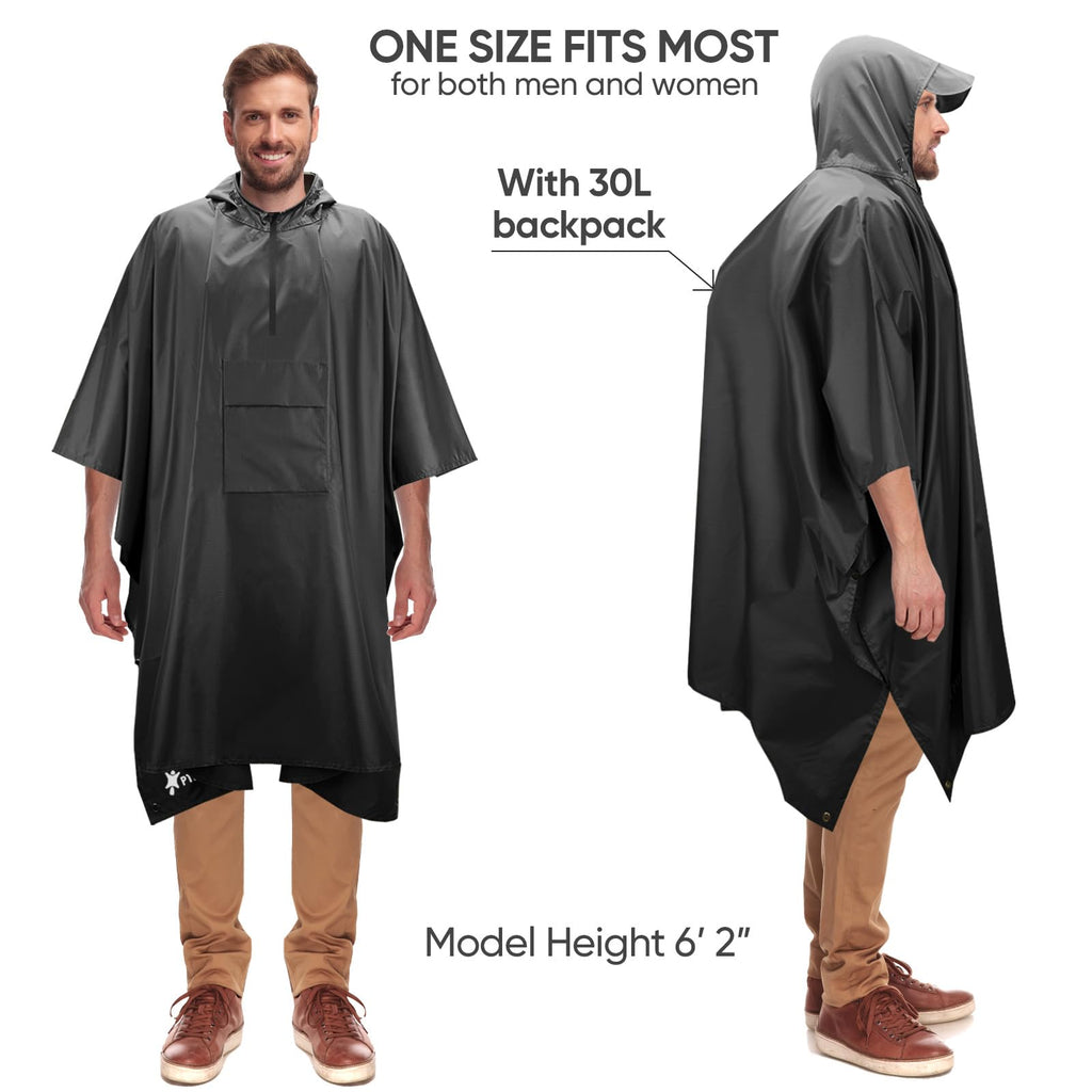 PTEROMY 3-in-1 Hooded Rain Poncho for Adult with Pocket, Waterproof Lightweight Unisex Raincoat for Hiking Camping Emergency