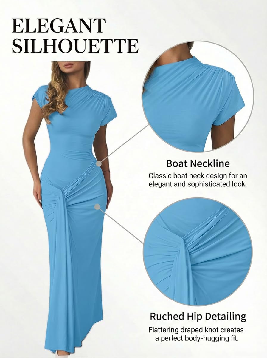 Mojessy Women Bodycon Maxi Dress Sexy Mock Neck Lace Up Bandage Ruched Short Sleeve Long Dress Cocktail Dress