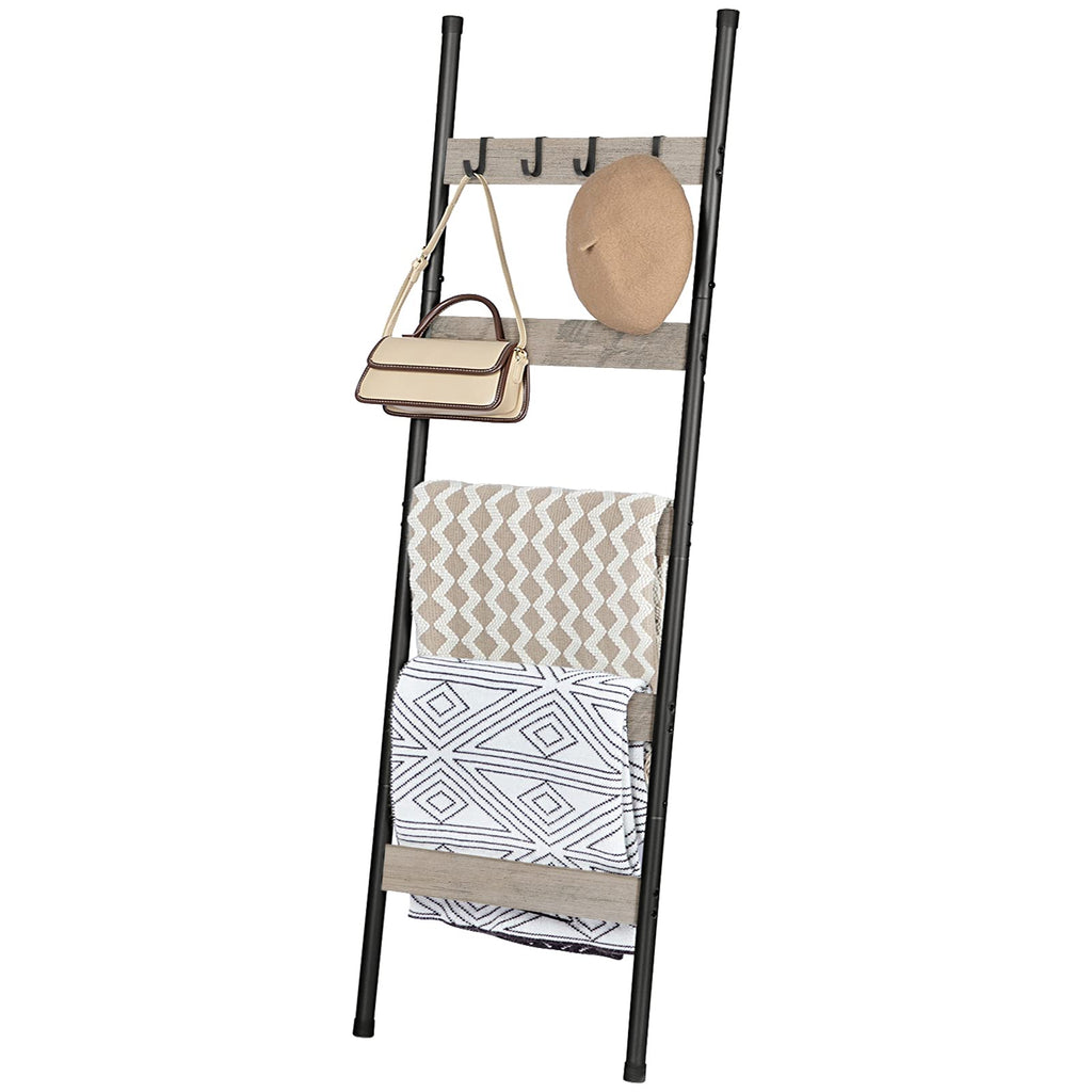 HOOBRO Blanket Ladder, 5-Tier Towel Rack with Hooks, Wall-Leaning Blanket Rack, Decorative Display Ladder Shelf, Scarves, Industrial, Living Room, Bedroom, Black BB52CJ01