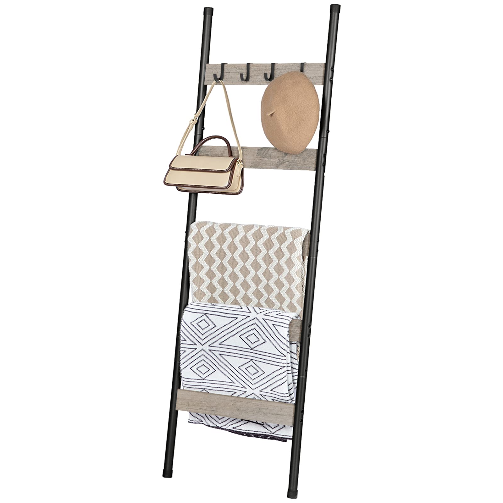 HOOBRO Blanket Ladder, 5-Tier Towel Rack with Hooks, Wall-Leaning Blanket Rack, Decorative Display Ladder Shelf, Scarves, Industrial, Living Room, Bedroom, Black BB52CJ01
