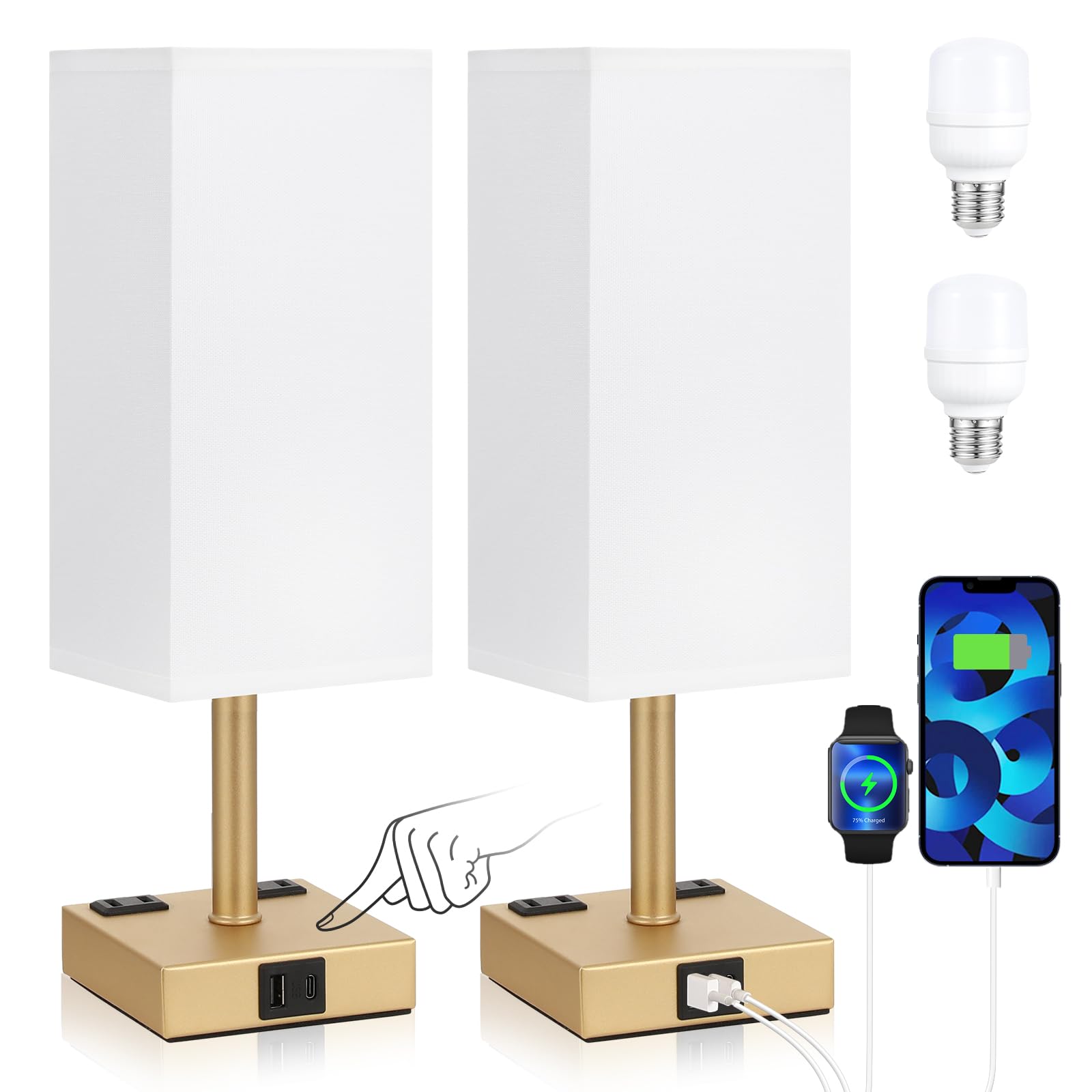aooshine Set of 2 Touch Nightstand Lamp with USB-C+A Charge Ports& AC Outlets, 3-Way Dimmable Bedside Lamp with White Fabric Shade,Small Table Lamp for Bedroom Guest Room(Bulb Included)