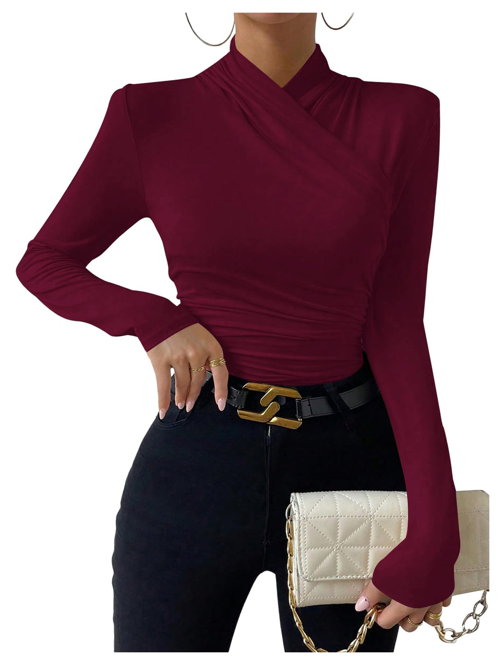 SweatyRocks Women's Ruched Mock Neck Long Sleeve T Shirt Solid Slim Fitted Tee Tops