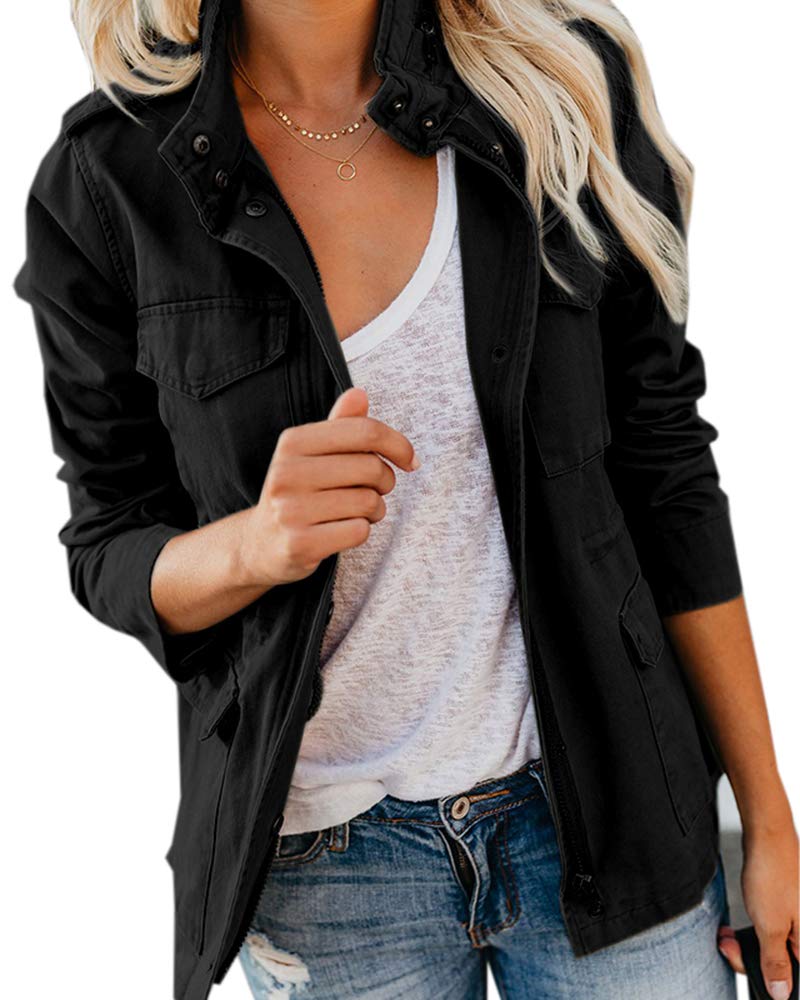Soulomelody Women Military Anorak Jackets Zip Up Snap Buttons Parka Safari Utility Coats Outwear with Pocket