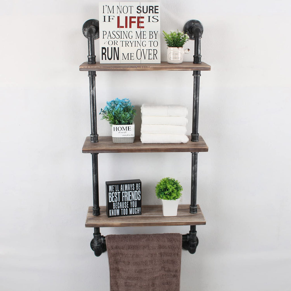 MBQQ Industrial Pipe Shelf Bathroom Shelves Wall Mounted,19.6in Rustic Wood Shelf with Towel Bar,1 Tier Farmhouse Towel Rack,Pipe Shelving Floating Shelves Towel Holder,Black & White