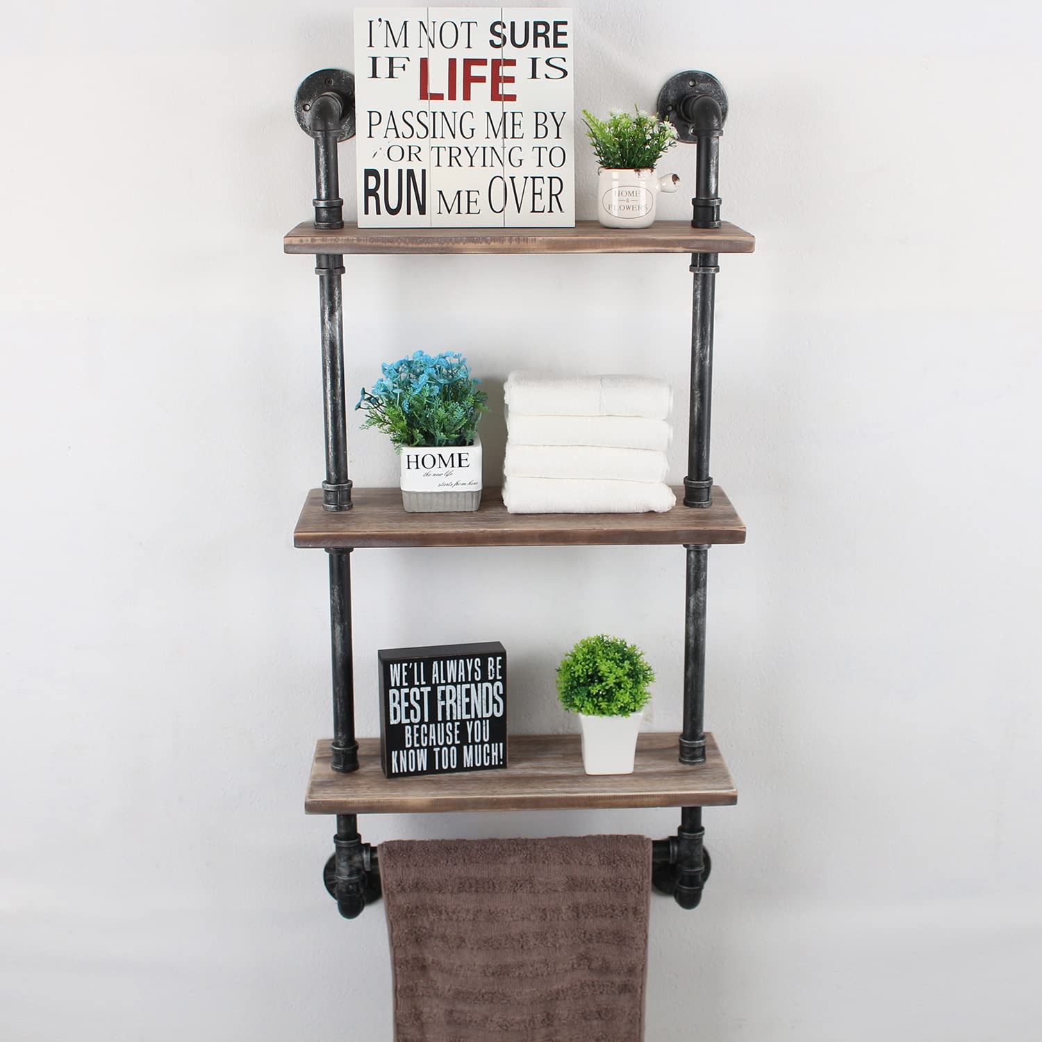 MBQQ Industrial Pipe Shelf Bathroom Shelves Wall Mounted,19.6in Rustic Wood Shelf with Towel Bar,1 Tier Farmhouse Towel Rack,Pipe Shelving Floating Shelves Towel Holder,Black & White
