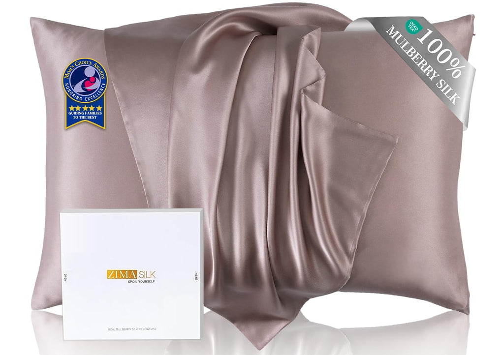ZIMASILK Upgraded 100% 6A Grade Pure Mulberry Silk Pillowcase for Hair and Skin Silk Pillow Cases with Reinforced Hidden Zipper, More Soft & Durable, Gift Box (Standard 20"x26" Beige)
