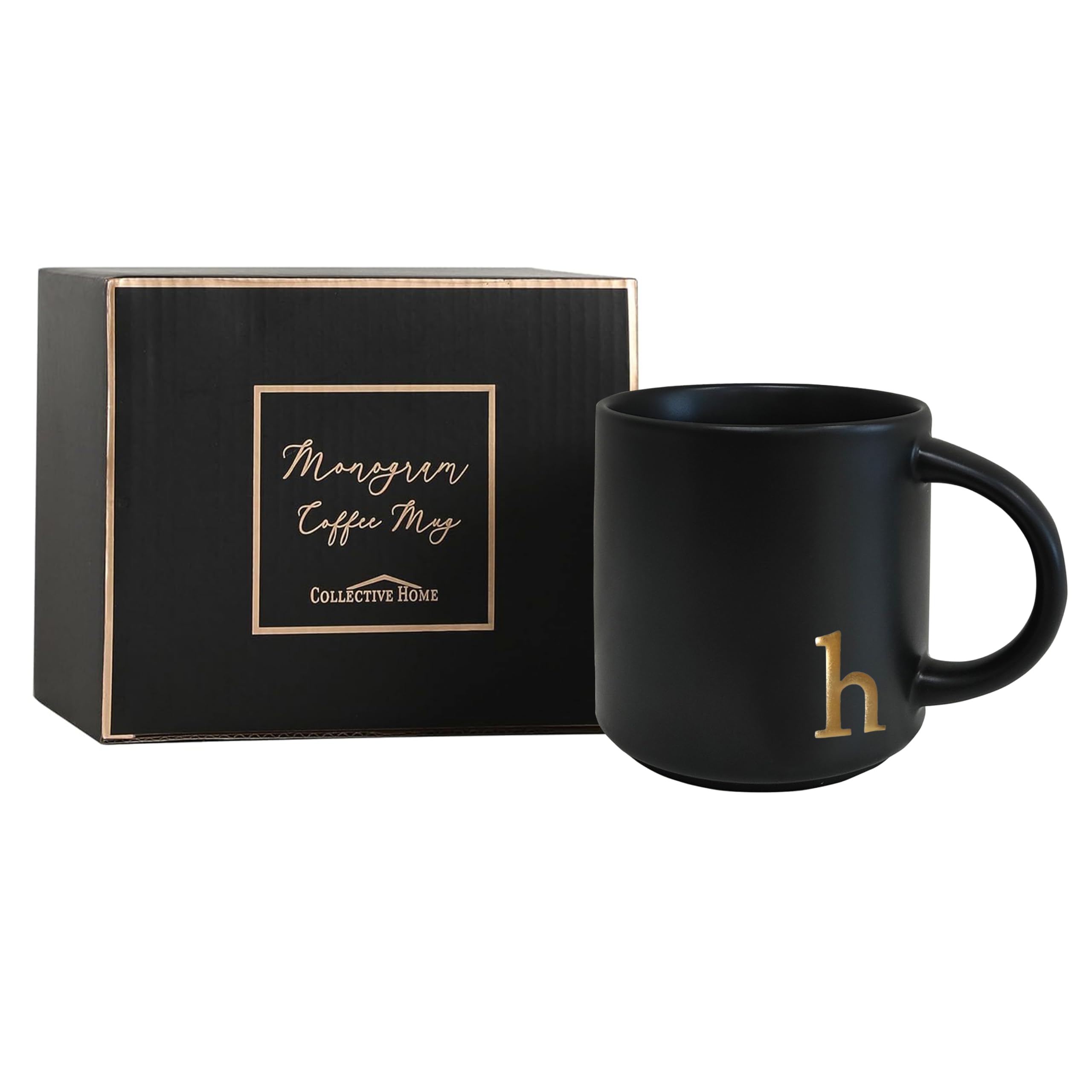 COLLECTIVE HOME - Black Monogram Ceramic Mugs, 15 oz Golden Initial Coffee Cups, Elegant Alphabet Tea Mugs, Personalized Halloween Mug with Gift Box, Perfect for Office and Home Décor (a)