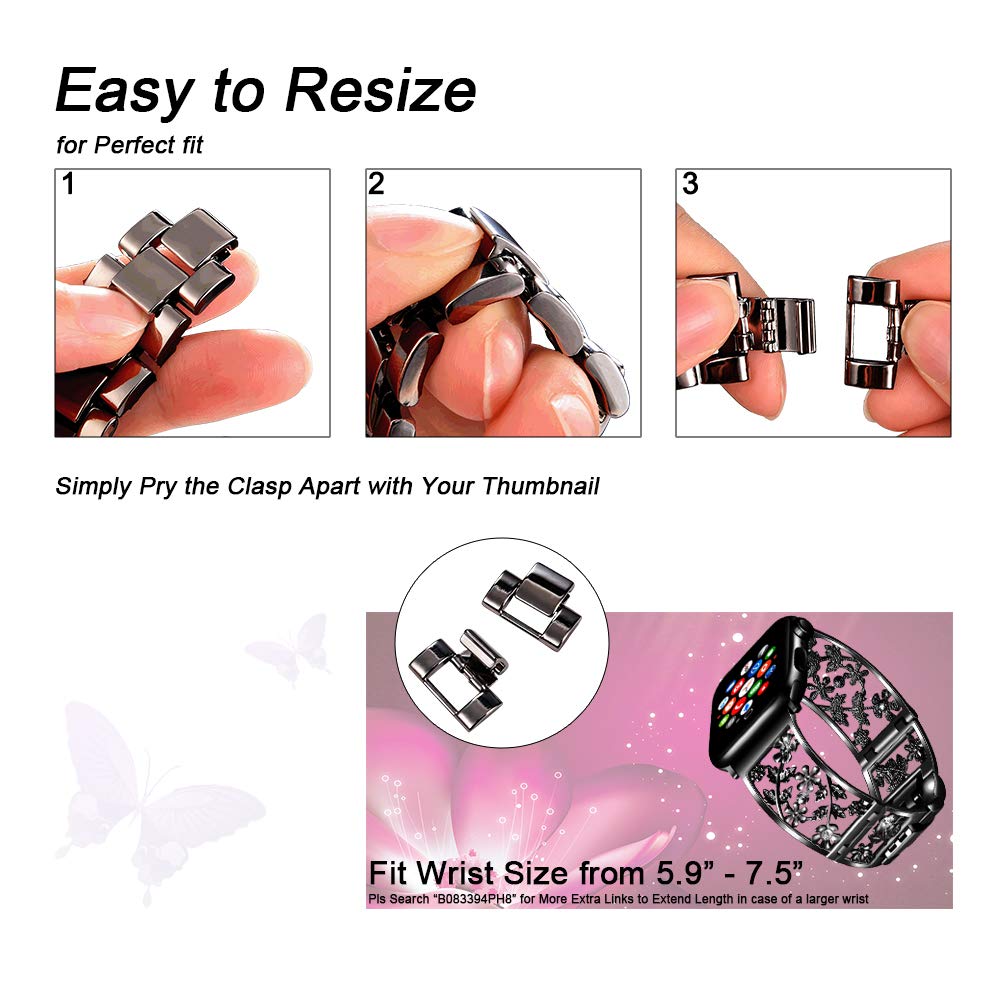 Floral Band Compatible with Apple Watch Jewelry Band 38mm 40mm 41mm 42mm iWatch Bands Series 11 10 9 8 7 6,Bling Crystal Bracelet Hollow Metal Strap,Fashion Women Wristband(38/40/41/42mm,Black)