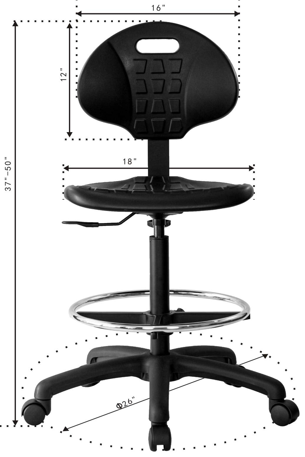 Chair Master-Heavy Duty Ergonomic Drafting Stool Black-Easy to Clean-Largest (20") Adj. Footring and Base (26") on the Market. Seat Ht Range (23"-33"). for Home, Auto, Lab, Cleanroom. Durable.