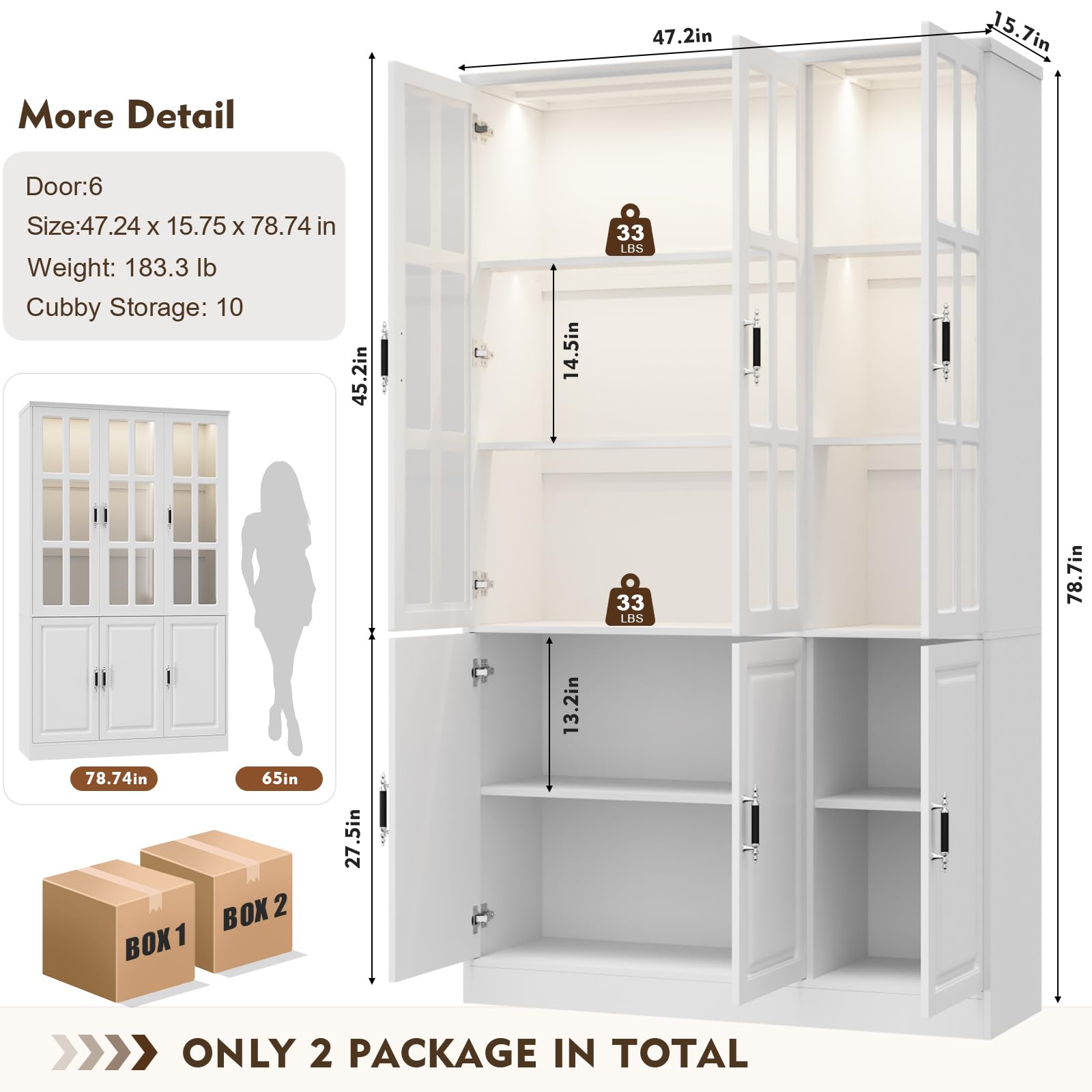 MEISSALIVVE Kitchen Pantry Storage Cabinet with LED Lights, 78.7" Tall with Glass Doors & Drawers, Freestanding Utility Cabinet, Black (31.5" W x 15.7" D)