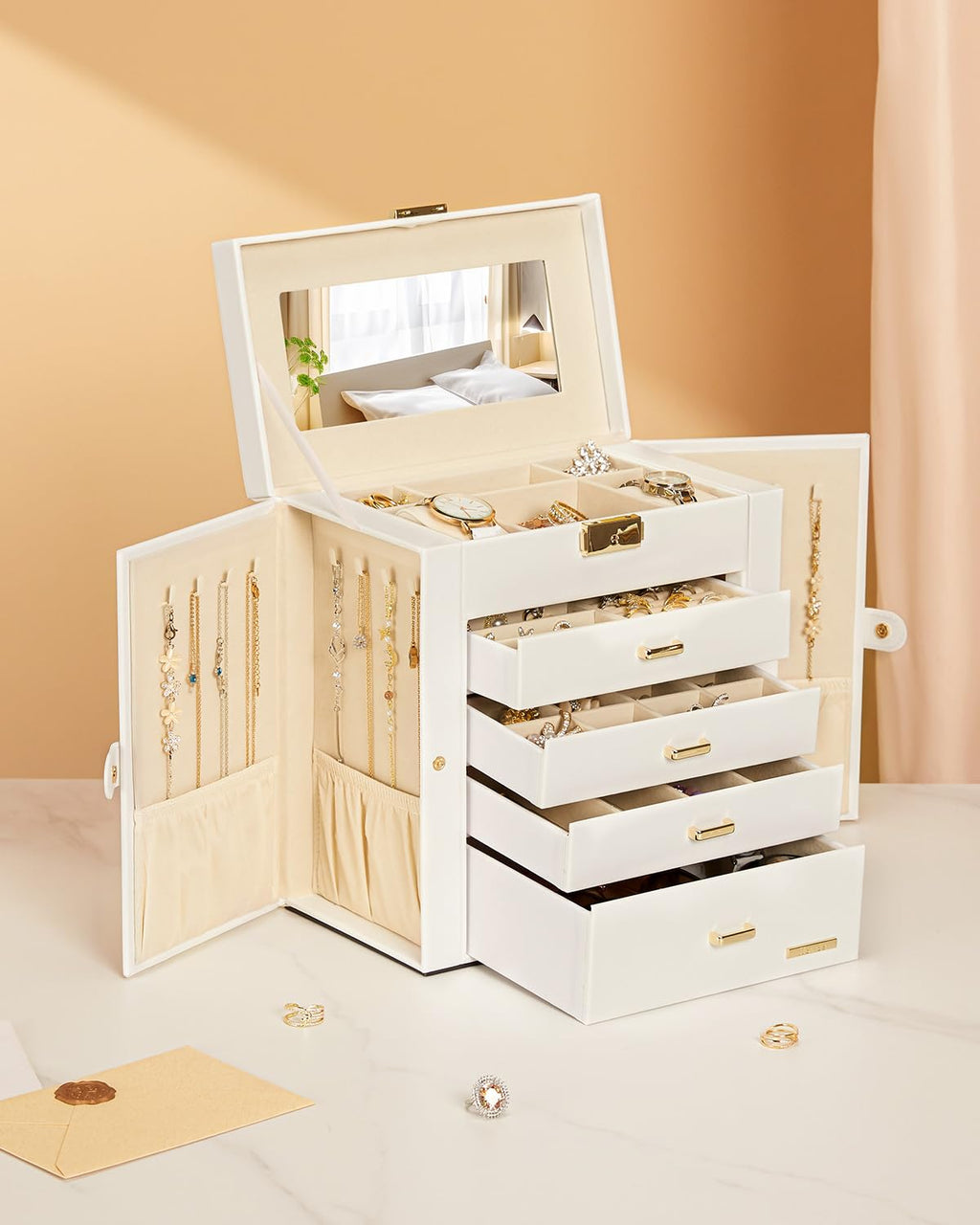Homde Mothers Day Gifts Synthetic Leather Huge Jewelry Box Mirrored Watch Organizer Necklace Ring Earring Storage Lockable Gift Case (Black + Gold)