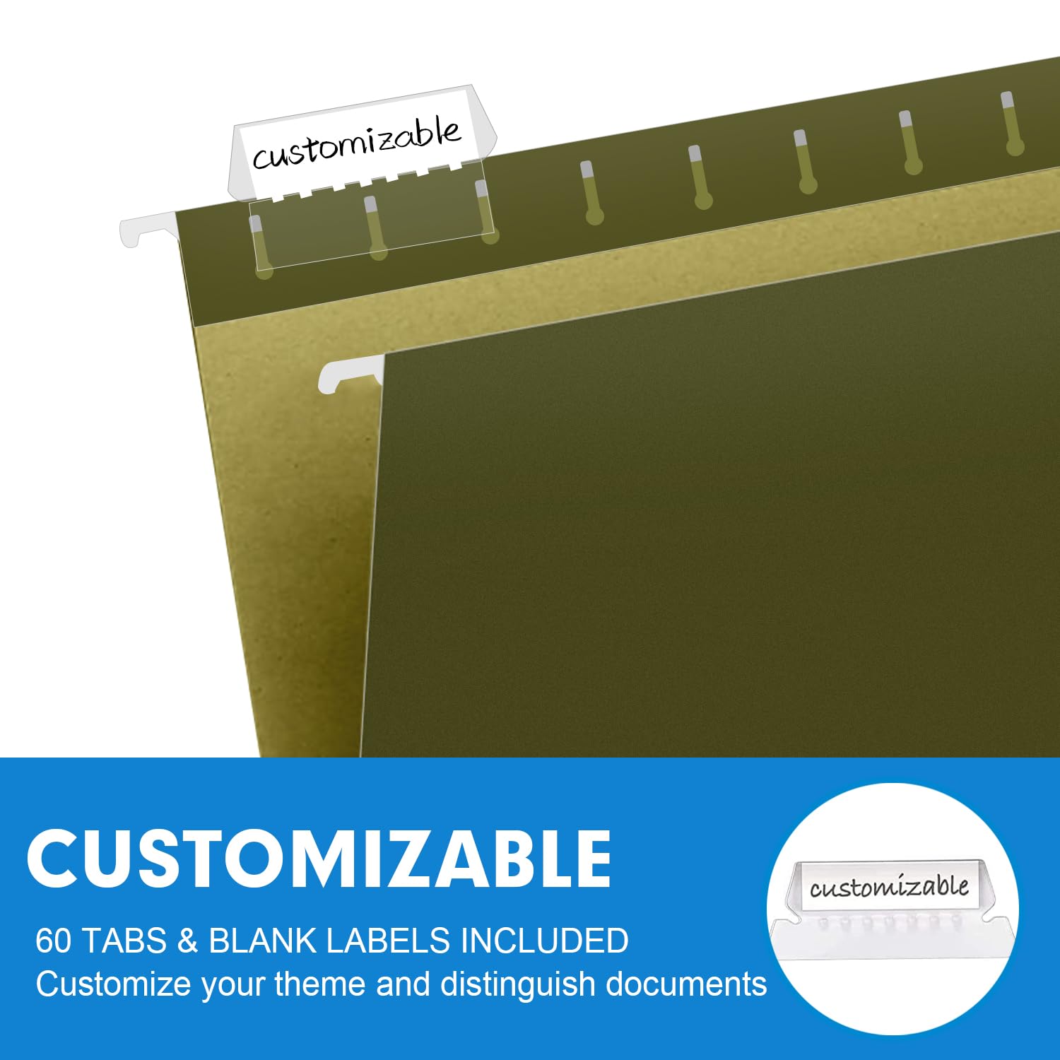 Extra Capacity Hanging File Folders, RAZCC 60 Pack Letter Size Reinforced Hanging Folders with Heavy Duty 1 Inch Expansion for Bulky Files, Filing Cabinet, Adjustable Tabs, Green