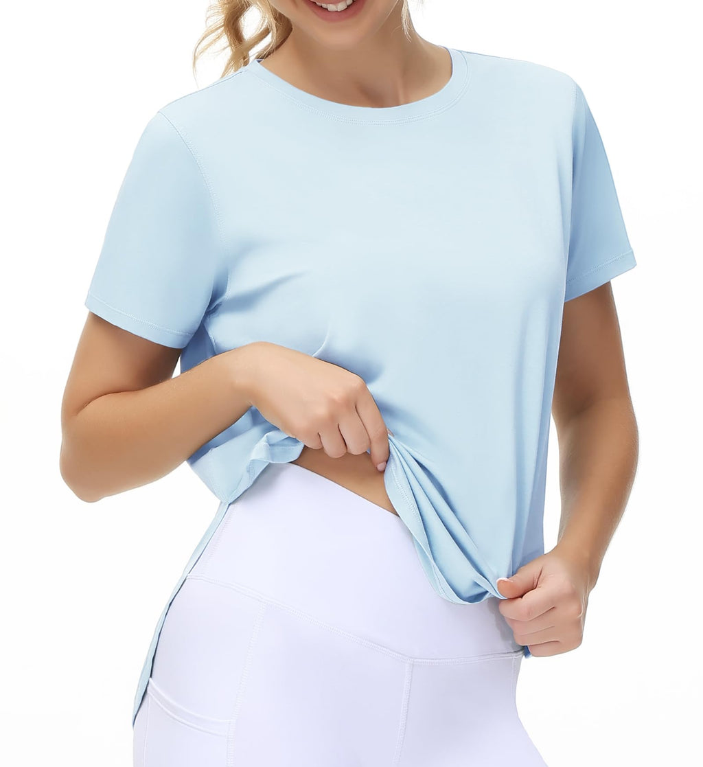 THE GYM PEOPLE Women's Workout T-Shirts Loose Fit Short Sleeve Cotton Running Basic Tee Tops with Split Hem