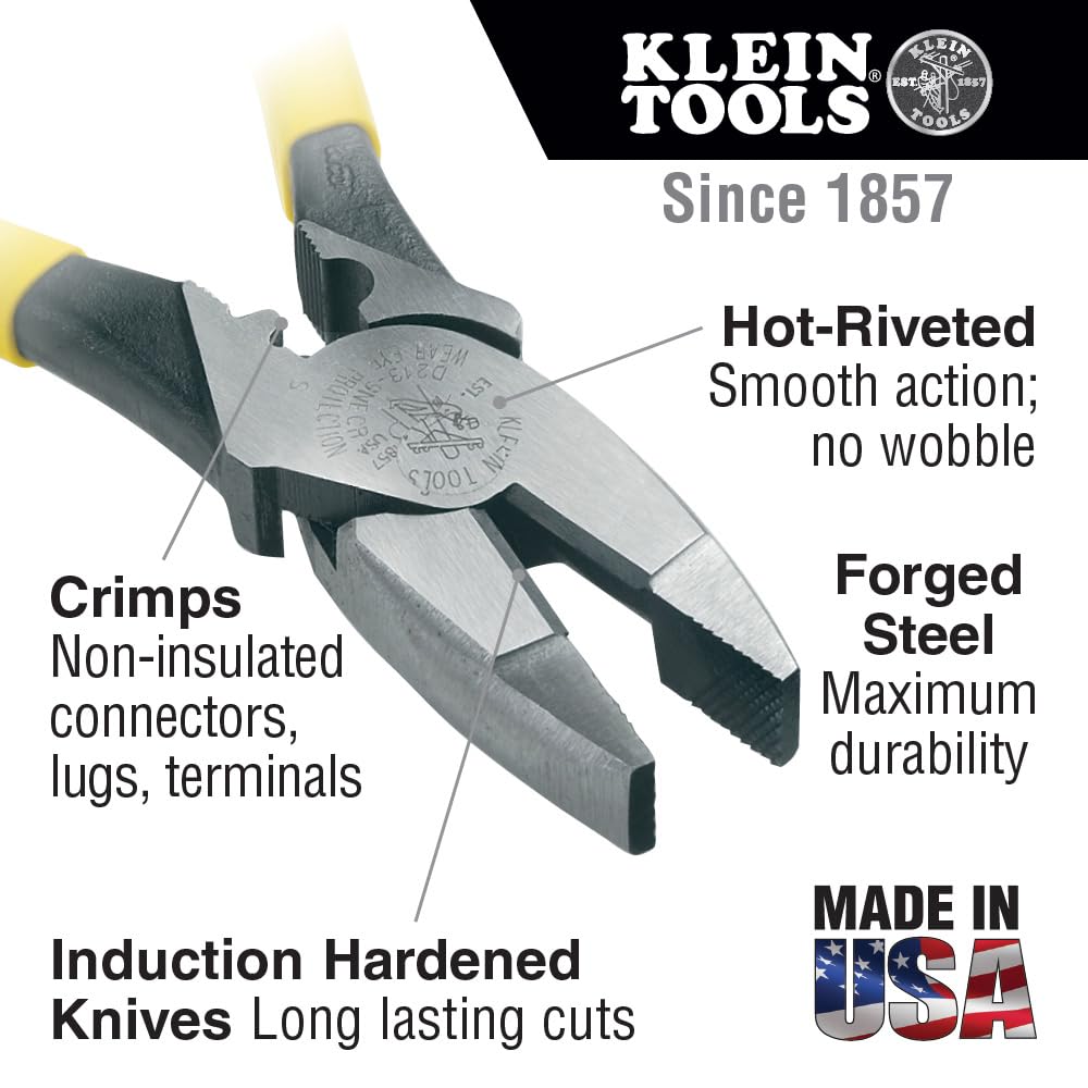 Klein Tools D213-9NETH Lineman's Bolt-Thread Holding Pliers, High-Leverage Streamline Design with Rounded Nose and Knurled Jaw, 9-Inch