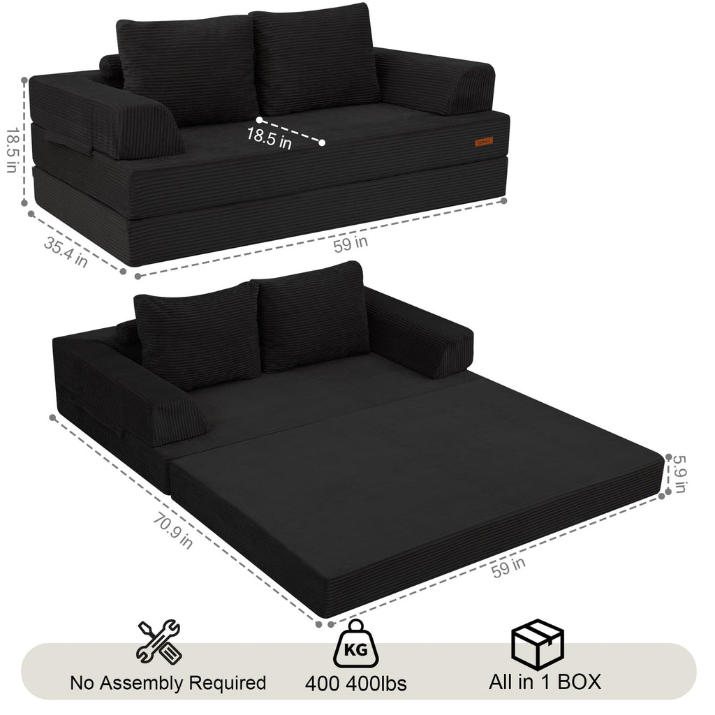 COMAX Futon Sofa Bed, 4‑in‑1 Convertible Sofa Bed, Folding Boneless Couches | Boneless Couch for living room, Fold Out Small Foldable Loveseat Floor Sleeper Mattress Lounge Space‑Saving, Ash Gray