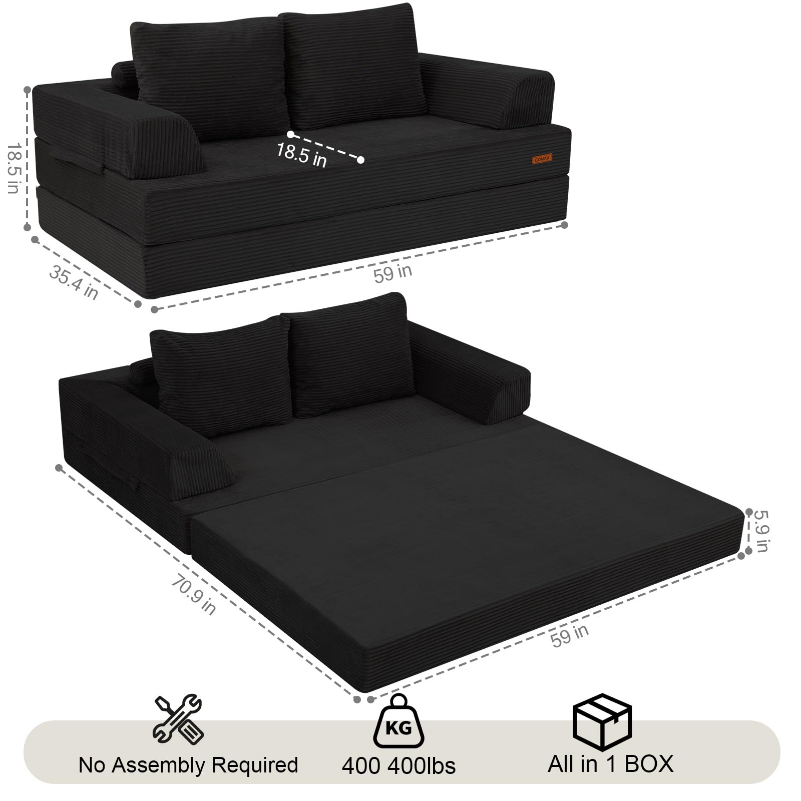 COMAX Futon Sofa Bed, 4‑in‑1 Convertible Sofa Bed, Folding Boneless Couches | Boneless Couch for living room, Fold Out Small Foldable Loveseat Floor Sleeper Mattress Lounge Space‑Saving, Ash Gray