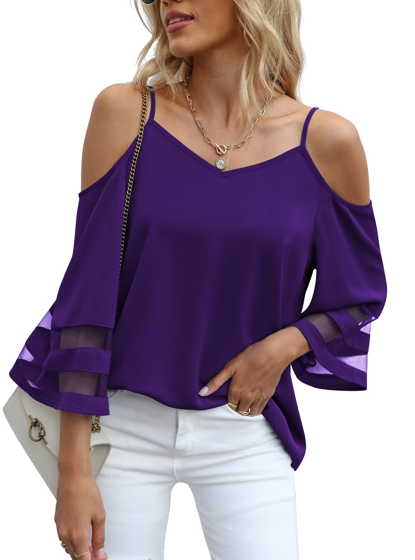 Jouica Womens Summer Cold Shoulder Tops Mesh Panel 3/4 Bell Sleeve Tees Adjustable Spaghetti Strap Loose Fit Shirts