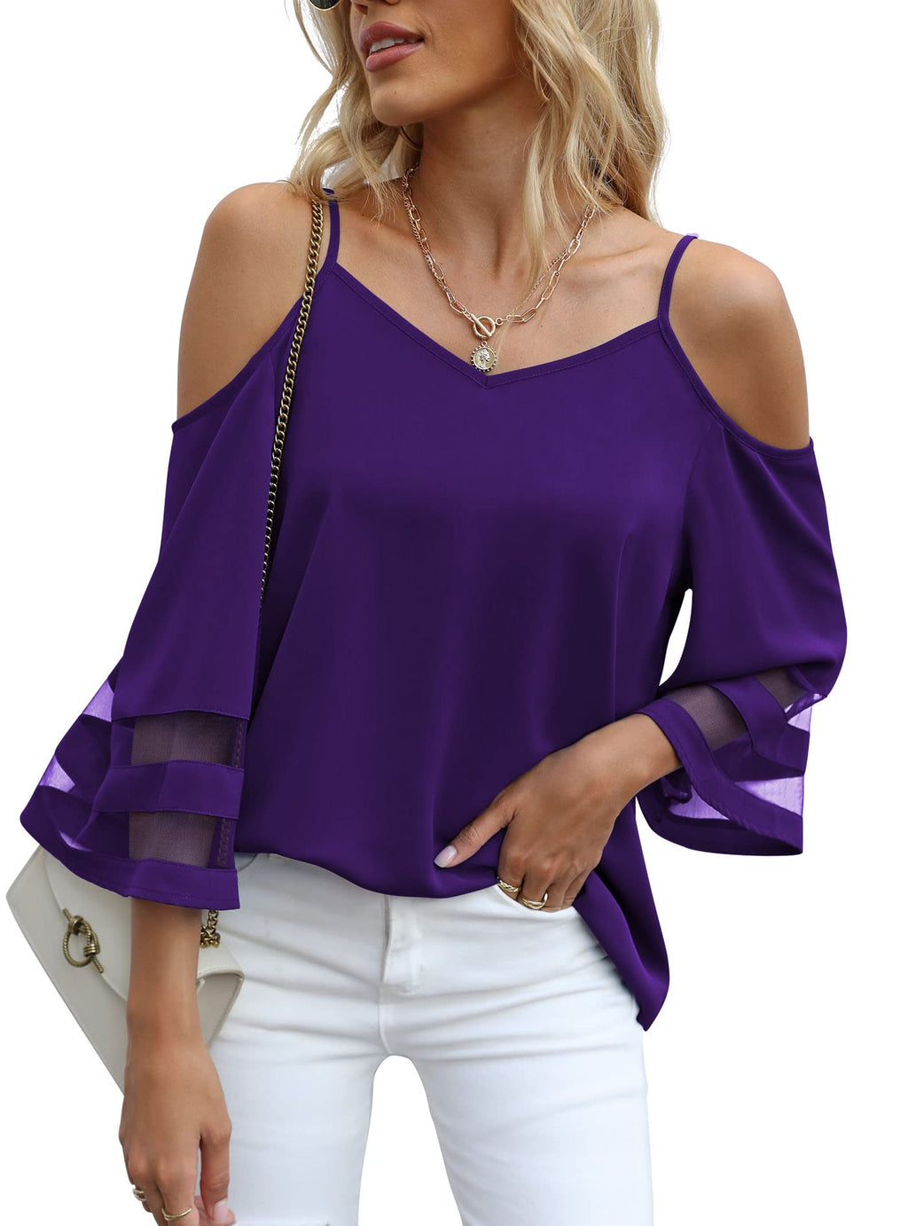 Jouica Womens Summer Cold Shoulder Tops Mesh Panel 3/4 Bell Sleeve Tees Adjustable Spaghetti Strap Loose Fit Shirts