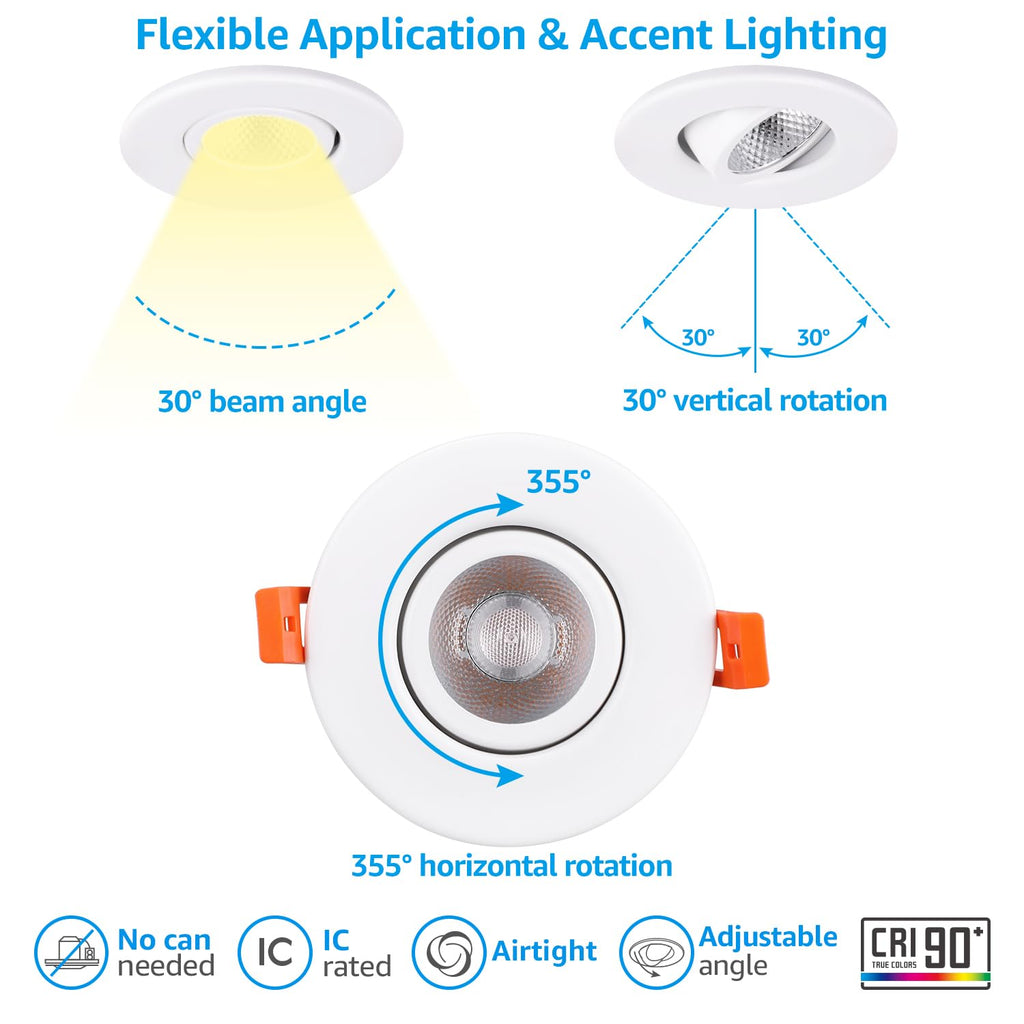 TORCHSTAR 12-Pack 5CCT 3 Inch Gimbal LED Recessed Light, 7W CRI90+ Dimmable Adjustable Eyeball Canless LED Downlight, 2700K/3000K/3500K/4000K/5000K Selectable, Airtight IC, ETL