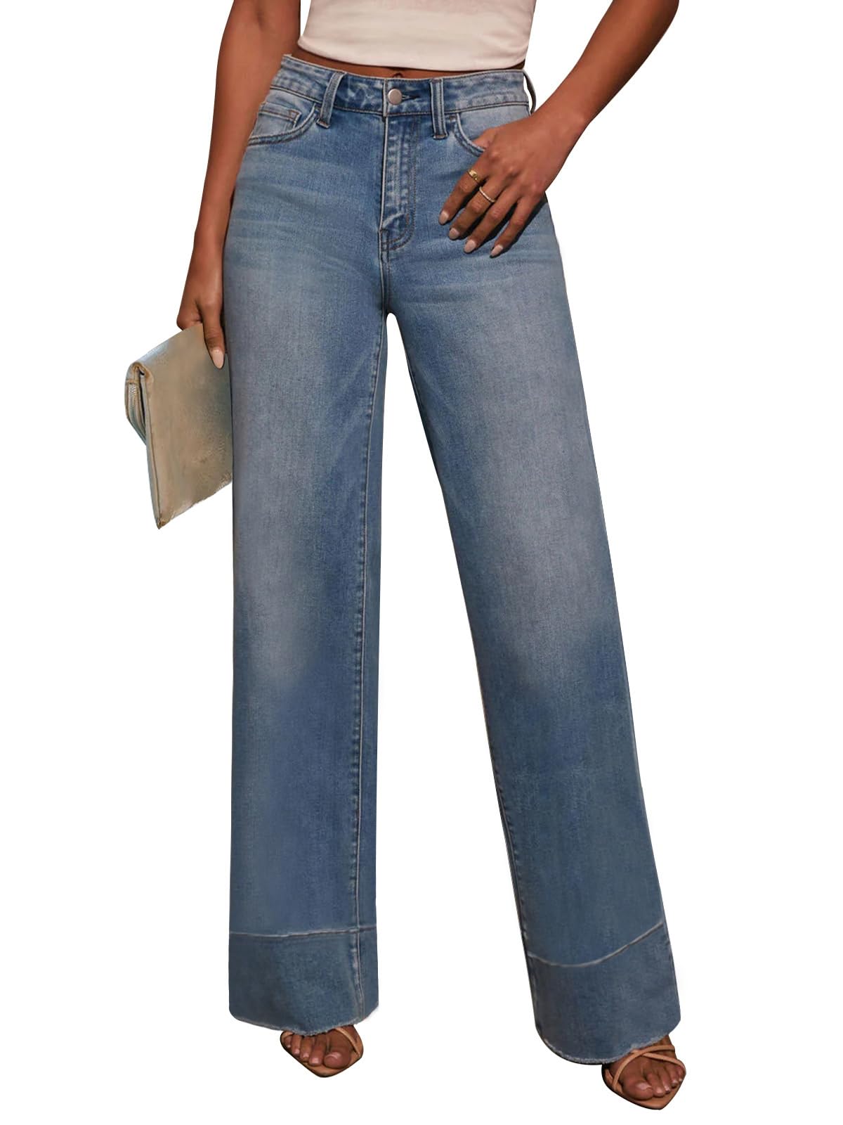 KUNMI Jeans for Women Wide Leg Baggy High Waist Boyfriends Straight Leg Stretchy Denim Pants Trendy Fall 2025