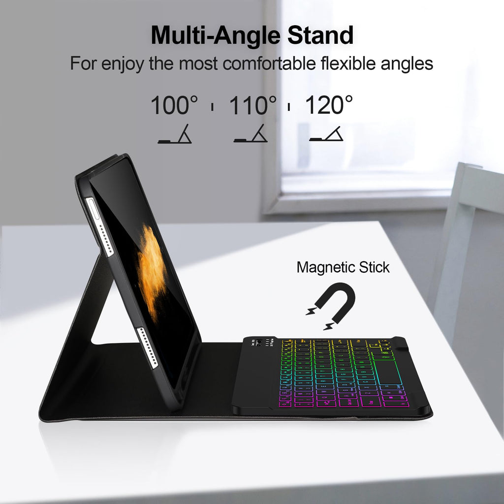 AHYWTAN Keyboard Case for iPad 9/8/7th Gen 10.2, Bluetooth Keyboard with 7 Color Backlit, iPad 10.2 inch Case with Keyboard, Pencil Holder, Black-L