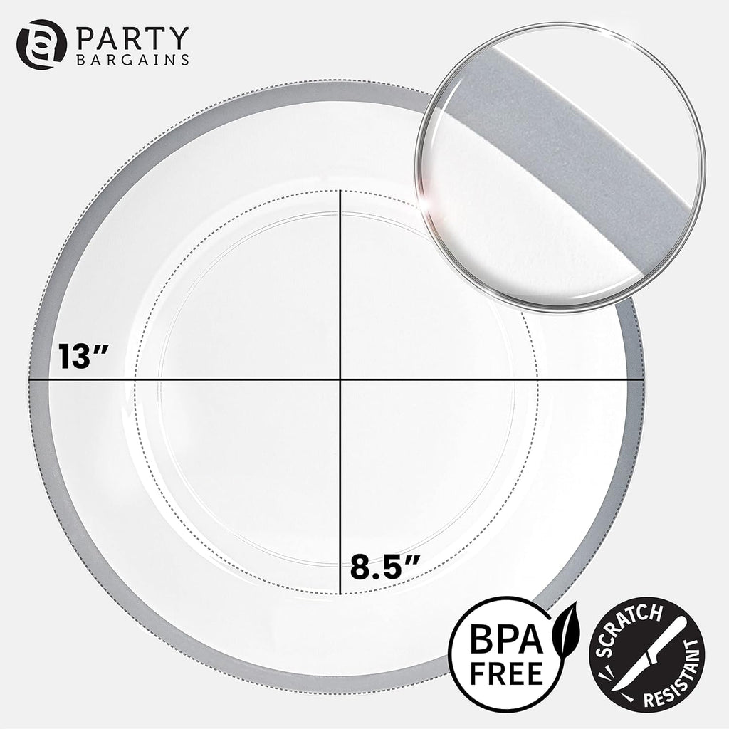 PARTY BARGAINS 13-Inch Charger Plates - 96 Pack, Clear Gold Rim, Heavy-Duty Disposable Chargers for Elegant Dining - Ideal for Weddings and Formal Events