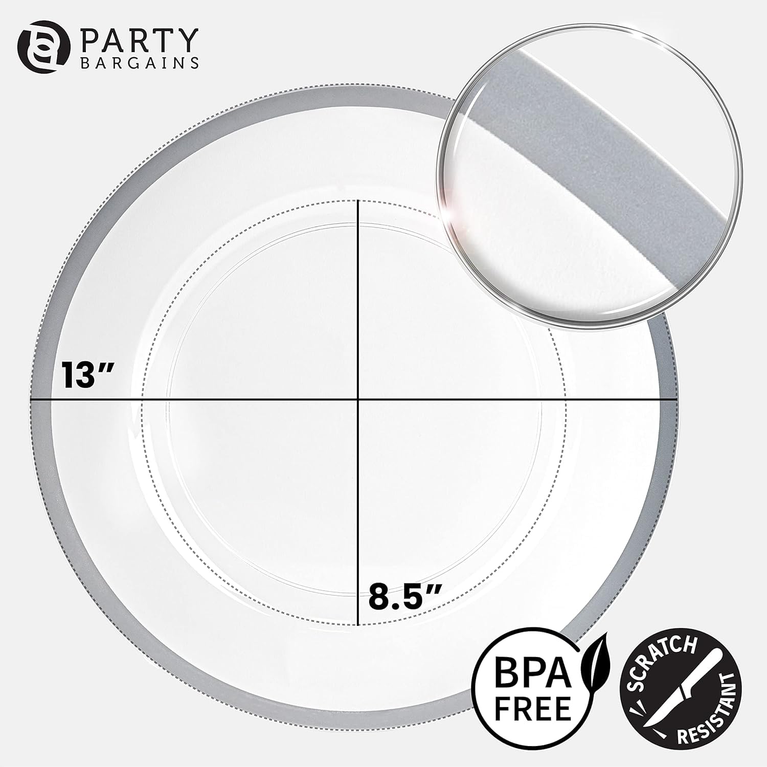 PARTY BARGAINS 13-Inch Charger Plates - 96 Pack, Clear Gold Rim, Heavy-Duty Disposable Chargers for Elegant Dining - Ideal for Weddings and Formal Events