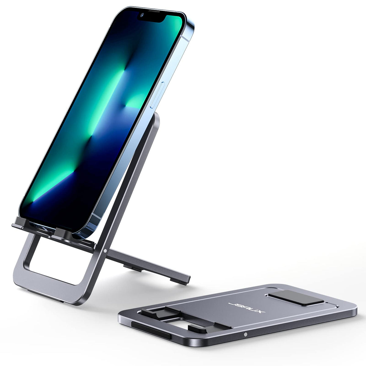 JSAUX Cell Phone Stand, Foldable Aluminum Adjustable Phone Holder for Desk Portable Travel Essentials Office Accessories for iPhone 17 16 15 14 13 Pro Max Samsung S25 S24 S23 Ultra Kindle-Black