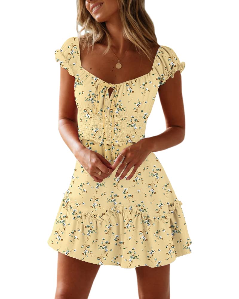 YOBECHO Womens Summer Ruffle Sleeve Sweetheart Neckline Printing Dress Mini Dresses