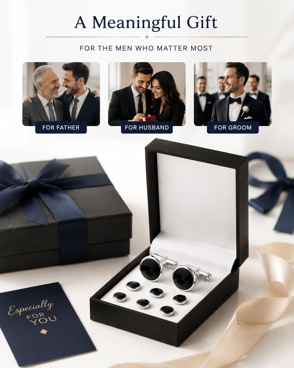 Men's Cufflinks & Tuxedo Studs Set - 316L Stainless Steel Formal Wedding Jewelry, Groomsmen Gift Set with Gift Box