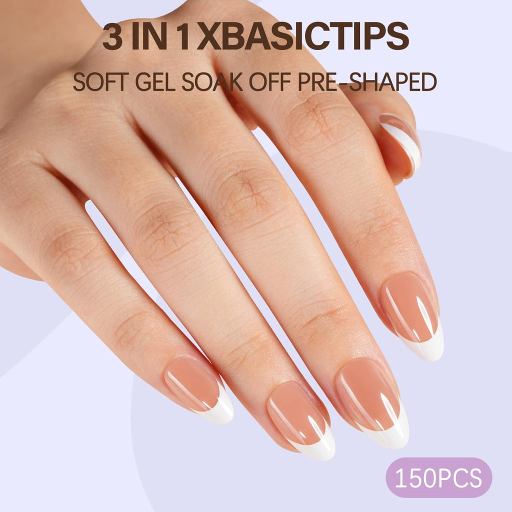 Misssix XBASICTIPS French Tip Press On Nails, 300Pcs French Gel Nail Tips Long Square, Soft Gel Pre-shaped No Need to File 3 in 1 Tips, Fake Nails for Nail Art DIY Extension Designs 15 Sizes