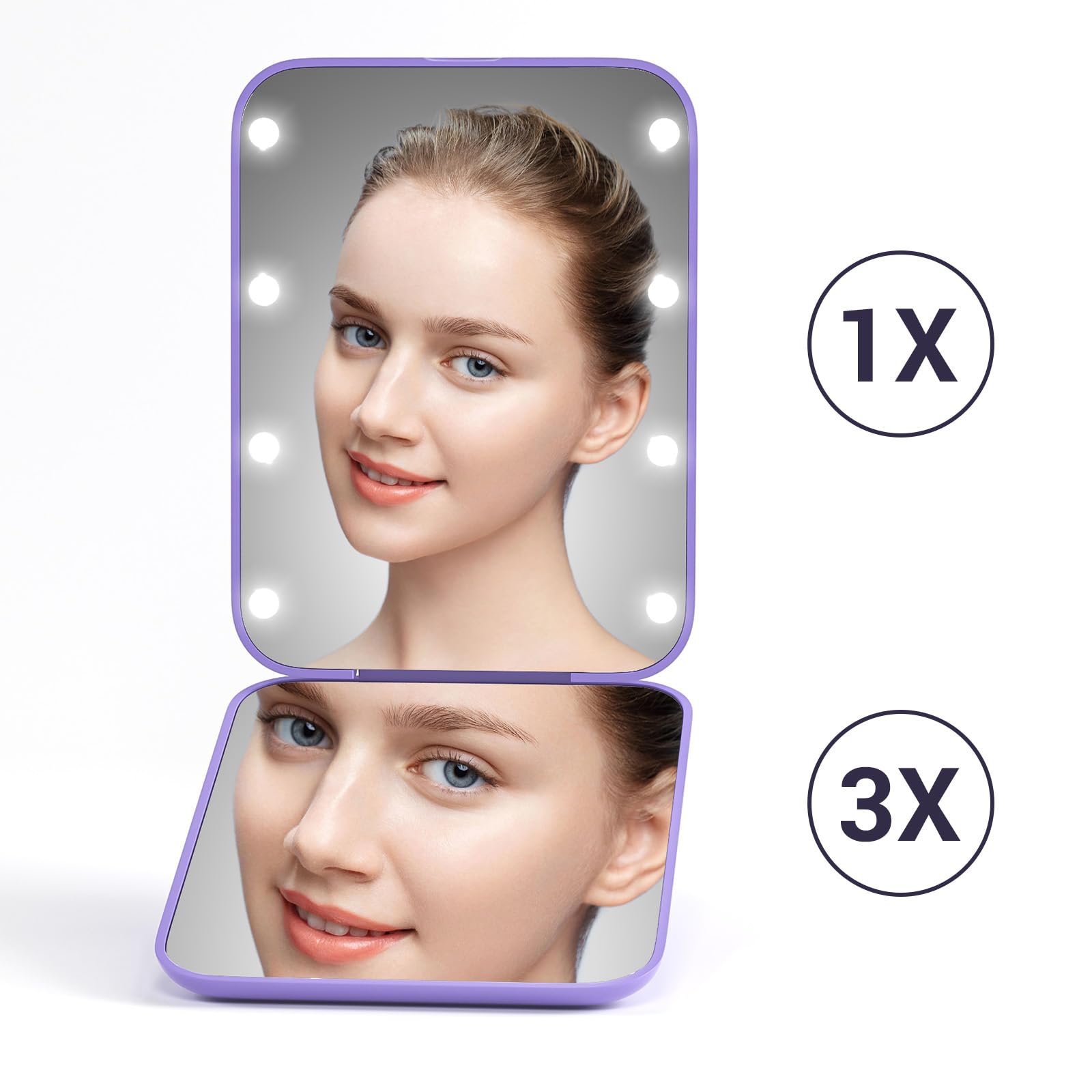 Kintion Pocket Mirror, 1X/3X Magnification LED Compact Travel Makeup Mirror with Light for Purse, 2-Sided, Portable, Folding, Handheld, Small Lighted Mirror for Gift, Pink