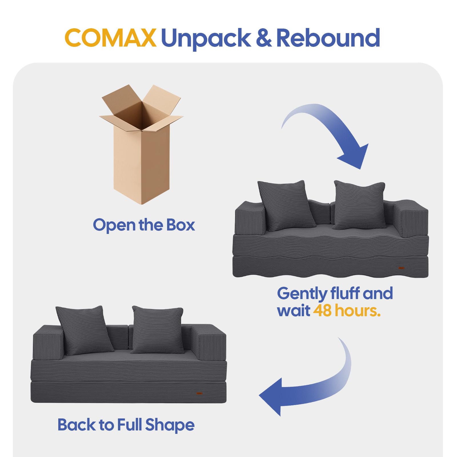 COMAX Futon Sofa Bed, 4‑in‑1 Convertible Sofa Bed, Folding Boneless Couches | Boneless Couch for living room, Fold Out Small Foldable Loveseat Floor Sleeper Mattress Lounge Space‑Saving, Ash Gray