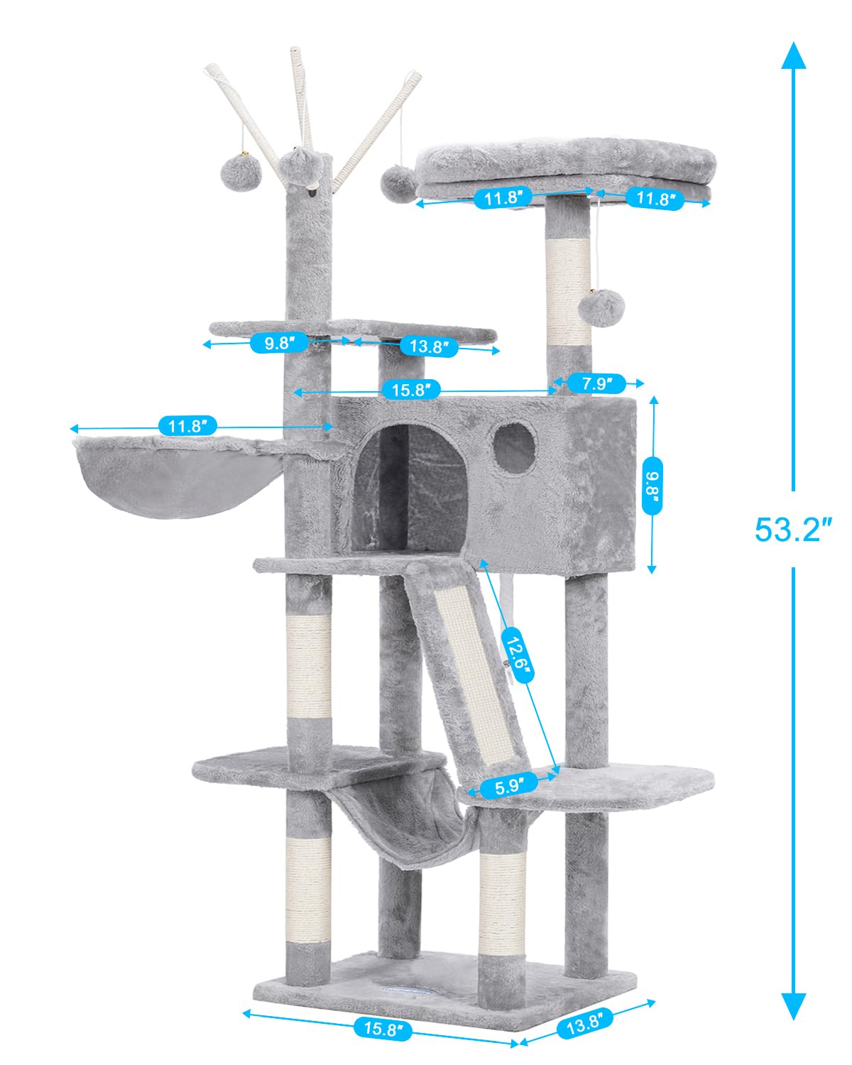 Hey-brother Cat Tree, 53 inch Cat Tower for Indoor Cats, Cat House with Padded Platform Bed, Toy Balls, Large Cozy Condo, Hammocks and Sisal Scratching Posts, Beige MPJ019-SM