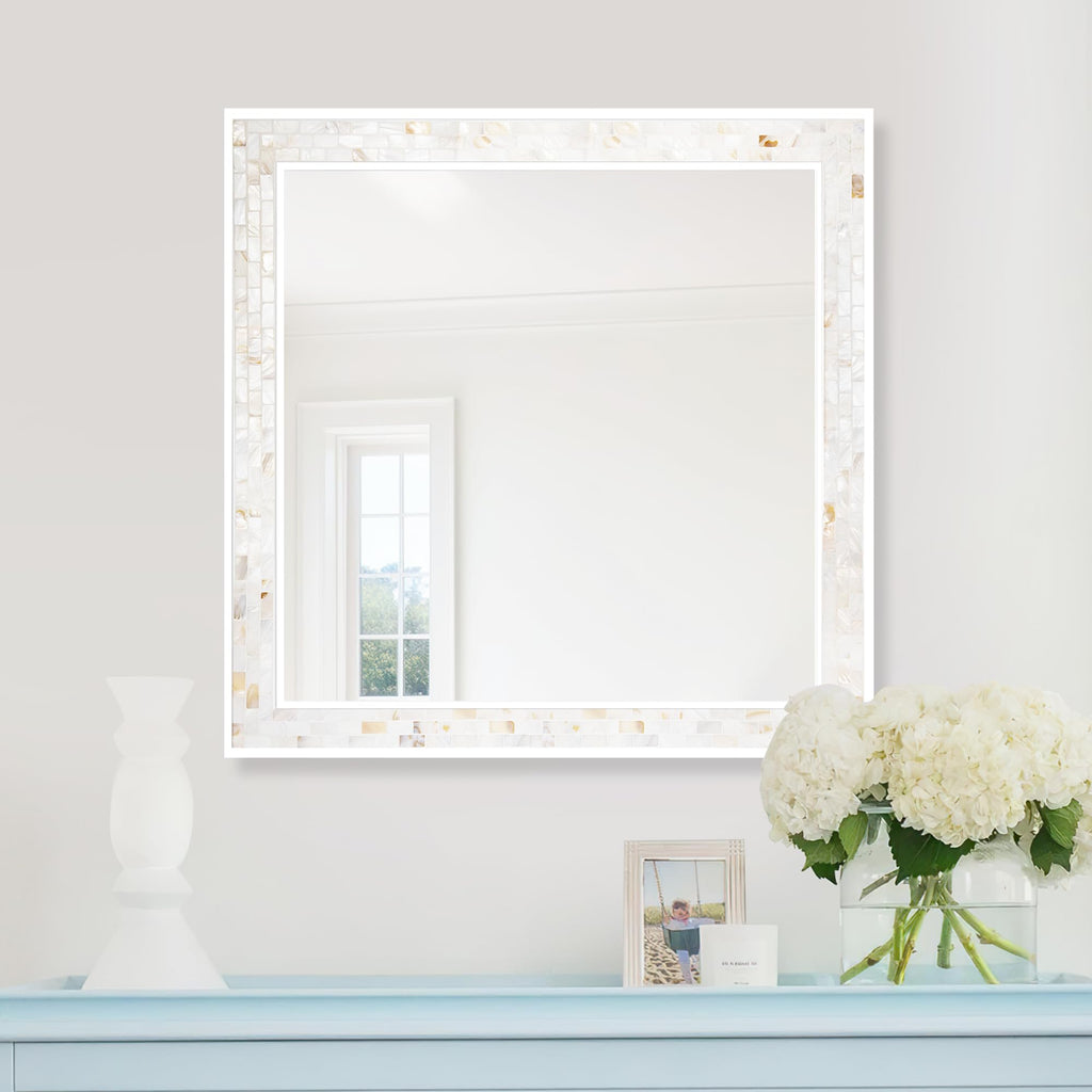 Tanmicoshomy Round Wall Mirror 24 Inch,Circle Mosaic Mirror with Natural Mother of Pearl and Wood Frame, Decorative Coastal Round Wall Mirror for Bathroom Bedroom Living Room Entryway