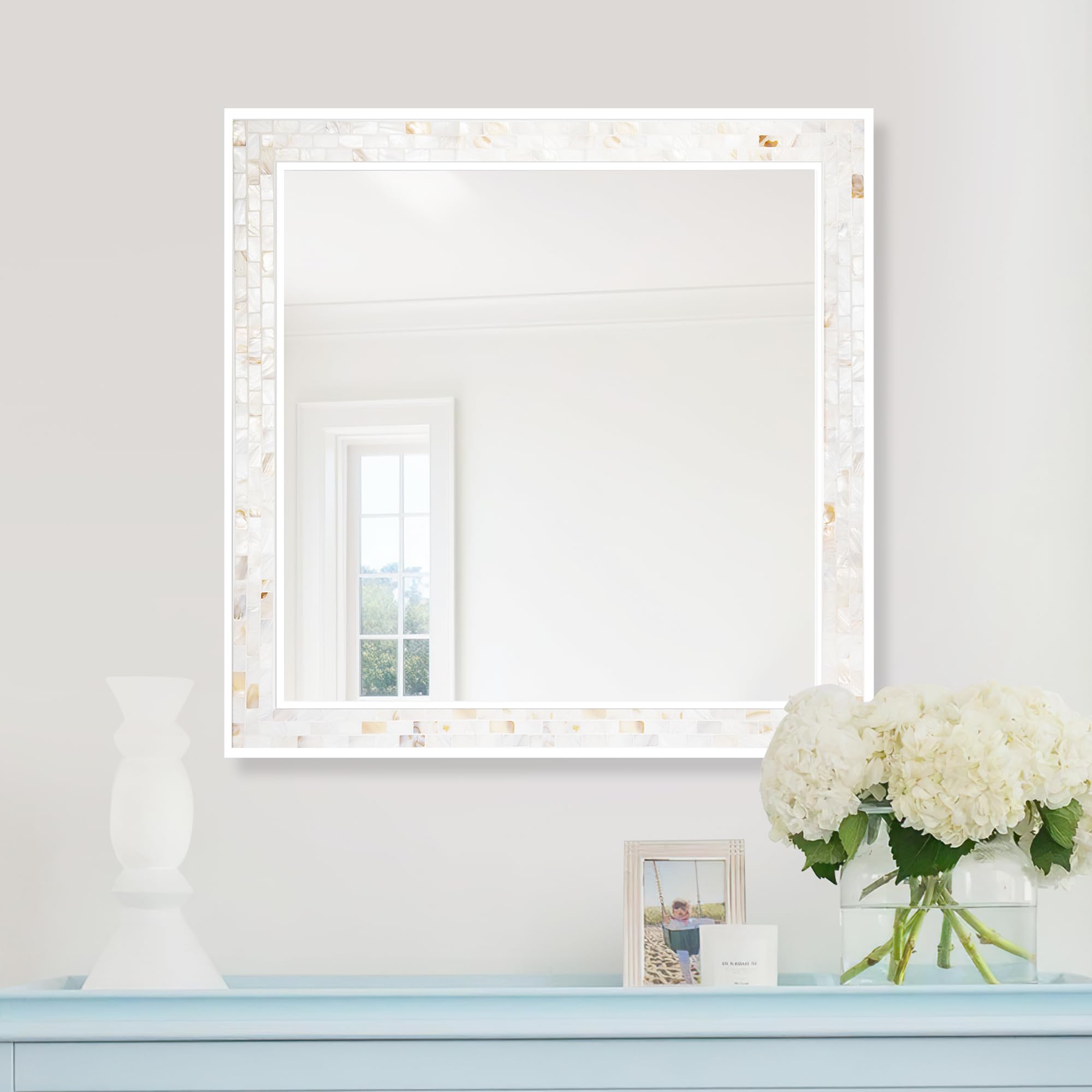 Tanmicoshomy Round Wall Mirror 24 Inch,Circle Mosaic Mirror with Natural Mother of Pearl and Wood Frame, Decorative Coastal Round Wall Mirror for Bathroom Bedroom Living Room Entryway