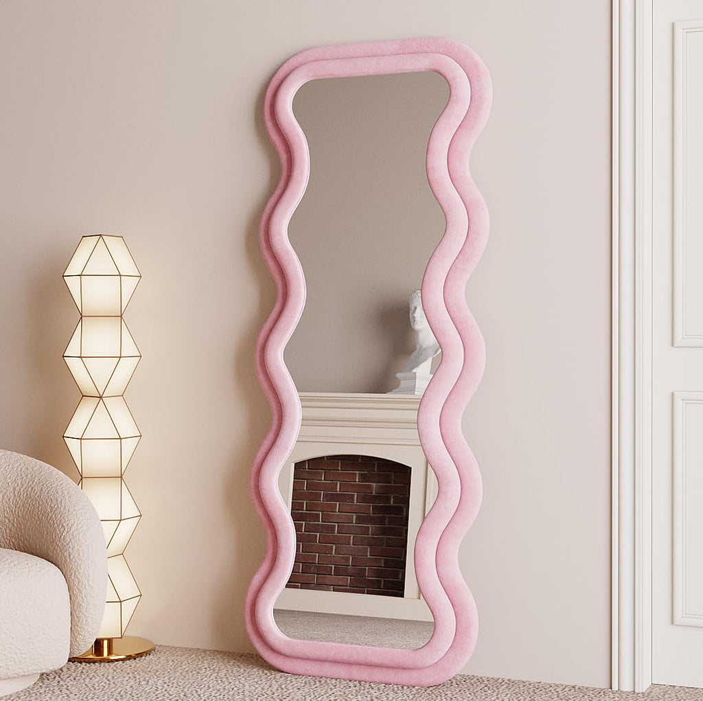 BOJOY Full Length Mirror, 63" x 24" Wall Mirror, Flannel Wrapped Wooden Frame Floor Mirror, Irregular Wavy Mirror Hanging or Leaning Against Wall for Cloakroom/Bedroom/Living Room, Black