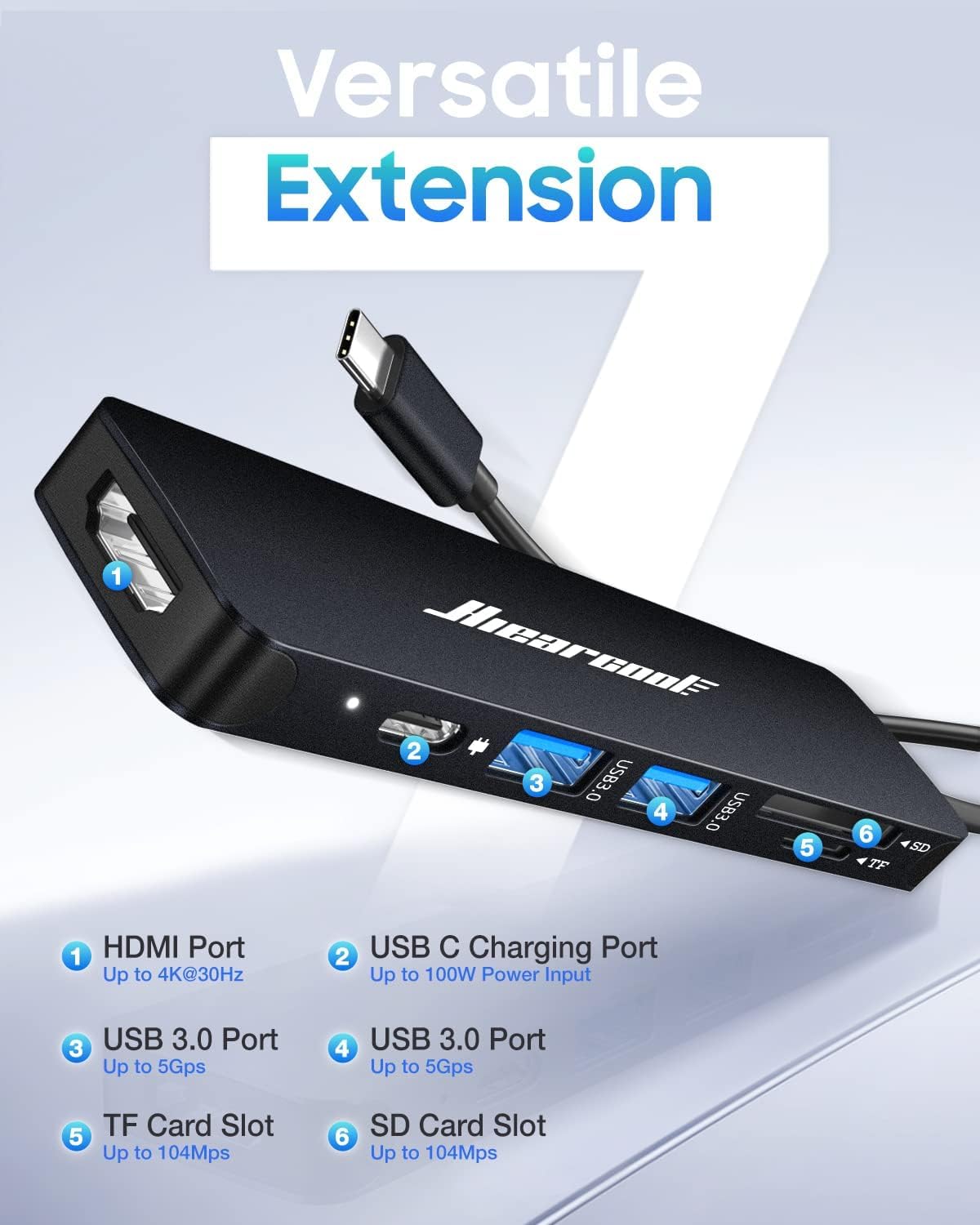 Hiearcool USB C Hub Multi-Port Adapter, 7-in-1 USB-C Dongle with 4K HDMI 100W PD SD/TF Card Reader, USBC Dock Compatible for MacBook Pro/Air Dell XPS Lenovo HP and Other Windows Laptops-Sliver White
