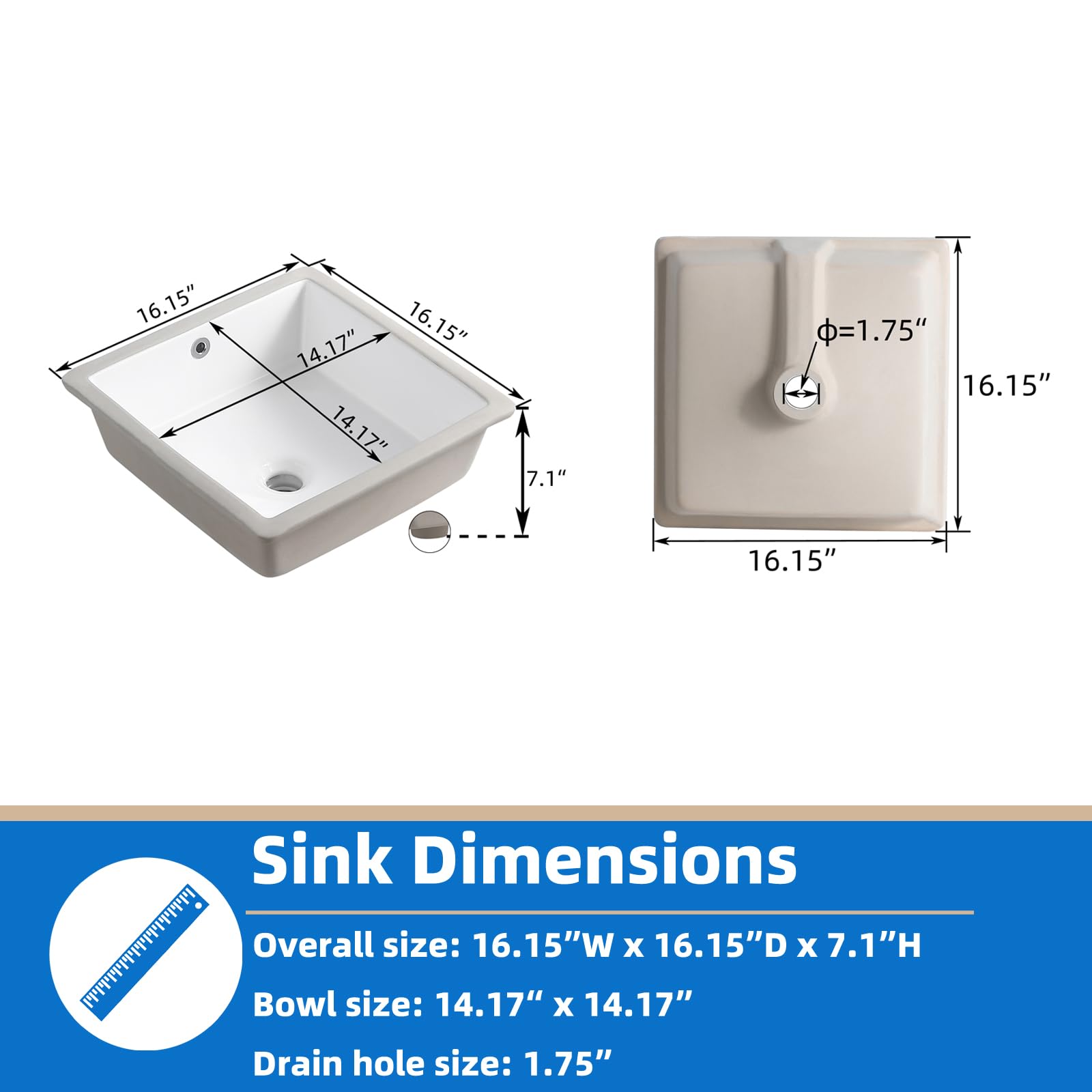 KINGWONG 14 Inch Small Square Undermount Bathroom Sink, 13.75" Ceramic White Porcelain Under Counter Basin for Vanity, Modern Rectangular Sink with Overflow Hole, Easy to Clean, Interior 11.5" x 11.5"