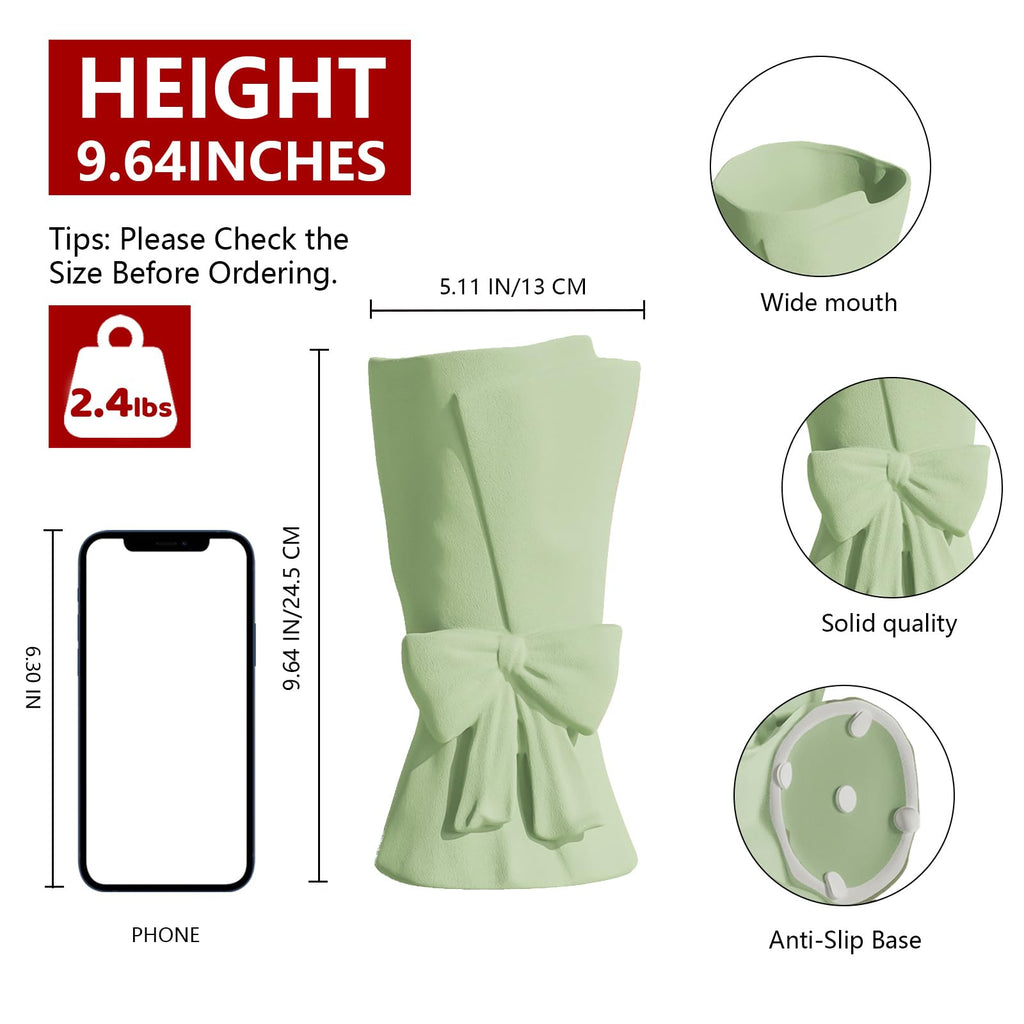 Relexome Beige Ceramic Bow Vase 9.64 in Unique Cute Modern Decorative Bouquet Flower Vases for Home Living Room Table Decor Women Girl Gifts