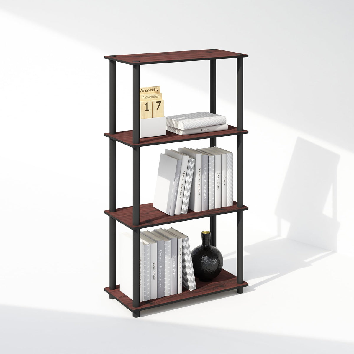 Furinno Turn-N-Tube Book Shelf, 4-Tier Bookshelf, Bookcase with Multipurpose Compact Display Rack, 11.6 x 23.6 x 43.2, for Living Room, Bedroom, Home Office, Americano/Black