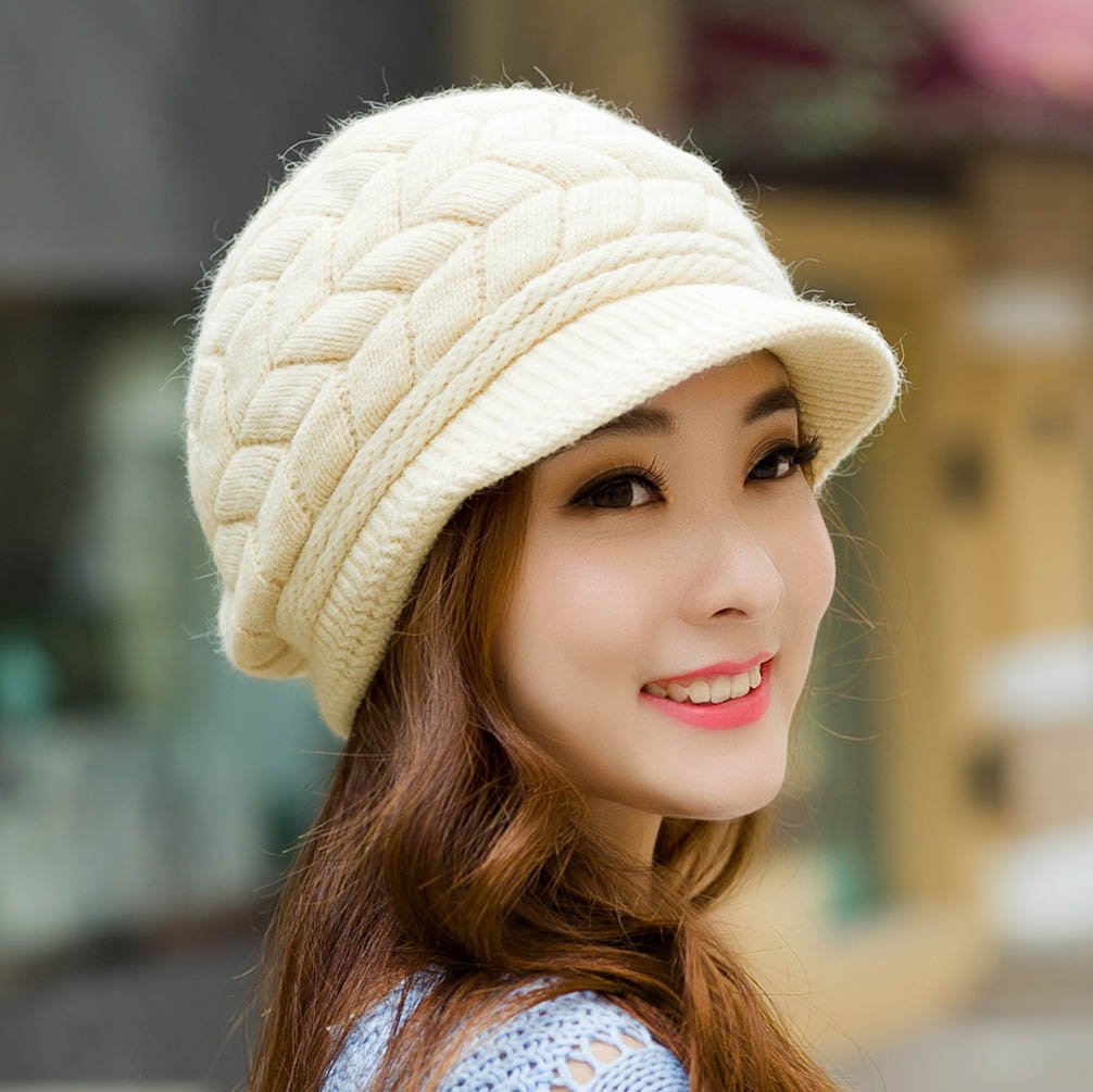 Women Winter Warm Knit Hat Wool Snow Ski Caps with Visor