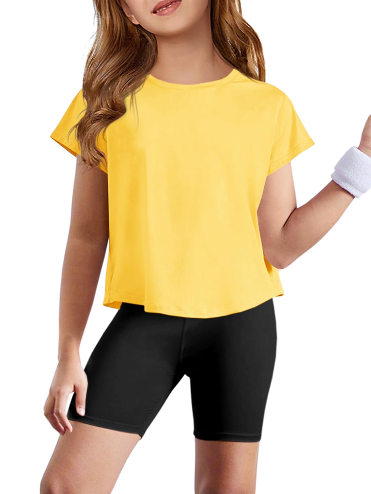 Haloumoning Girls Loose Athletic Shirts Short Sleeve Crop Tops Kids Quick Dry Gym Yoga Tees 5-14 Years