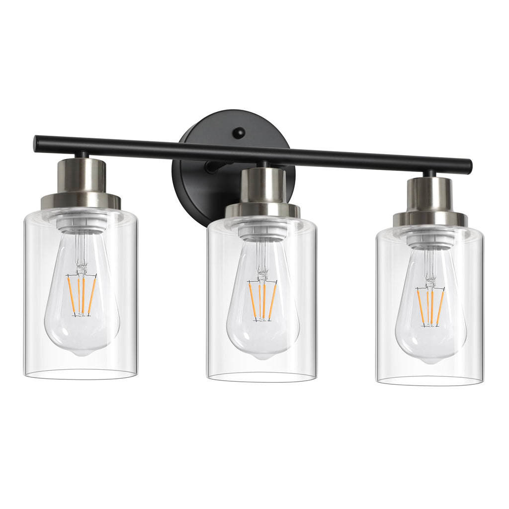Unicozin 2 Pack Modern Bathroom Light Fixtures, 3 Light Vanity Lights, Black Wall Lamp with Clear Glass for Bathroom, Mirror, Living Room, Bedroom, Hallway, E26 Base