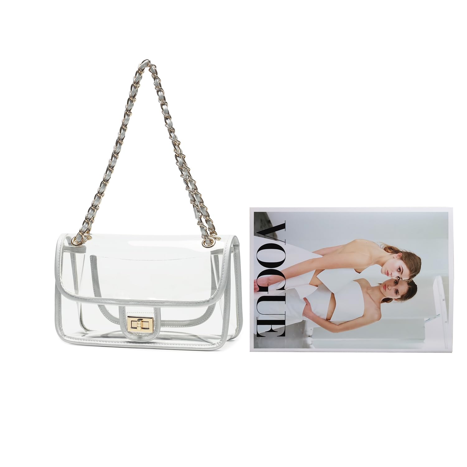 Womens PVC Clear Purse Handbag with Chain Stadium Approved Clear Bag See Through Bag for Working and Concert