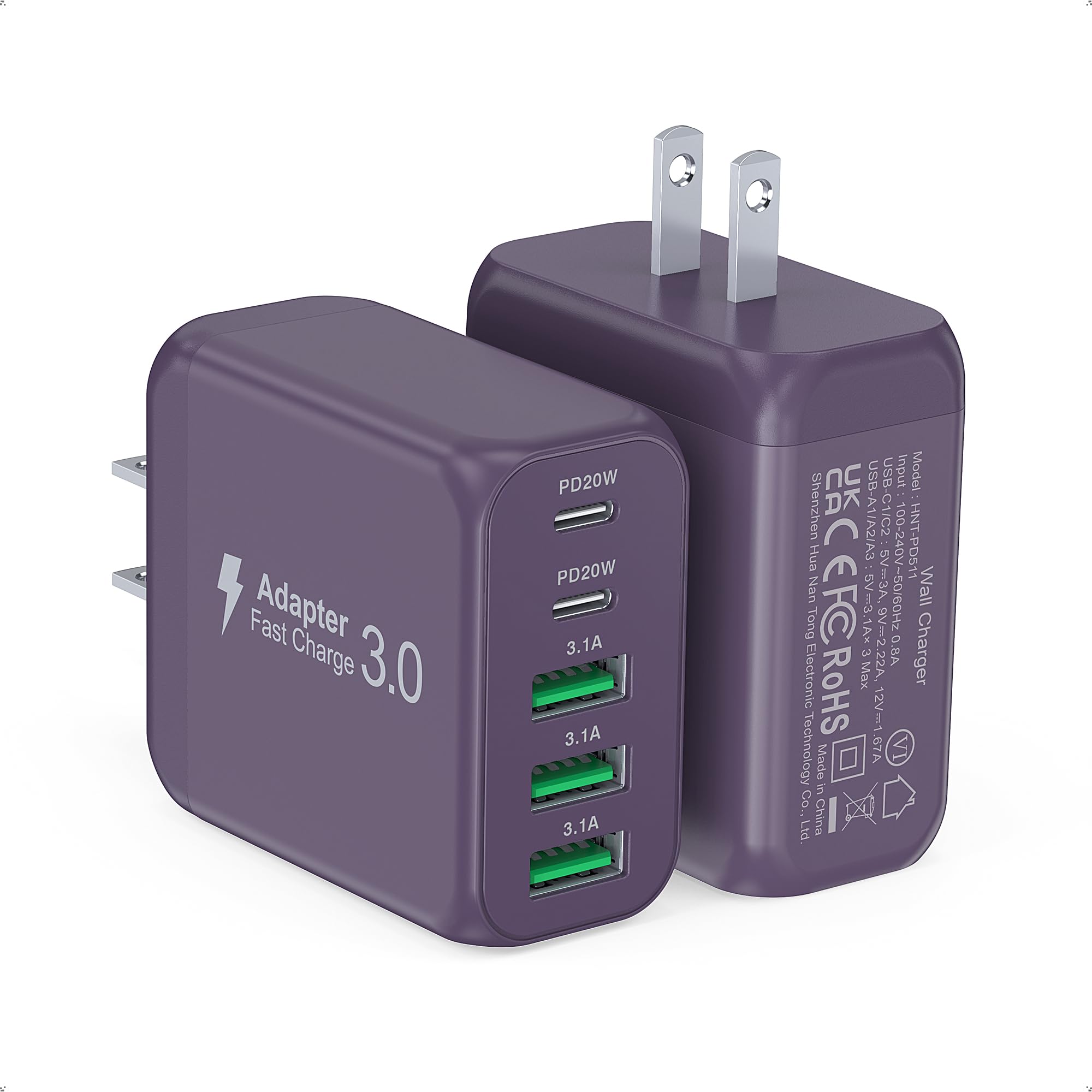 [2-Pack] 50W USB C Wall Charger Block, 5-Port C Charger Fast Charging Block PD Power Adapter +QC Multiport Type C Box Brick Cube USB A Wall Plug for iPhone 14/15/16/17 Pro Max,Samsung Galaxy(Black)